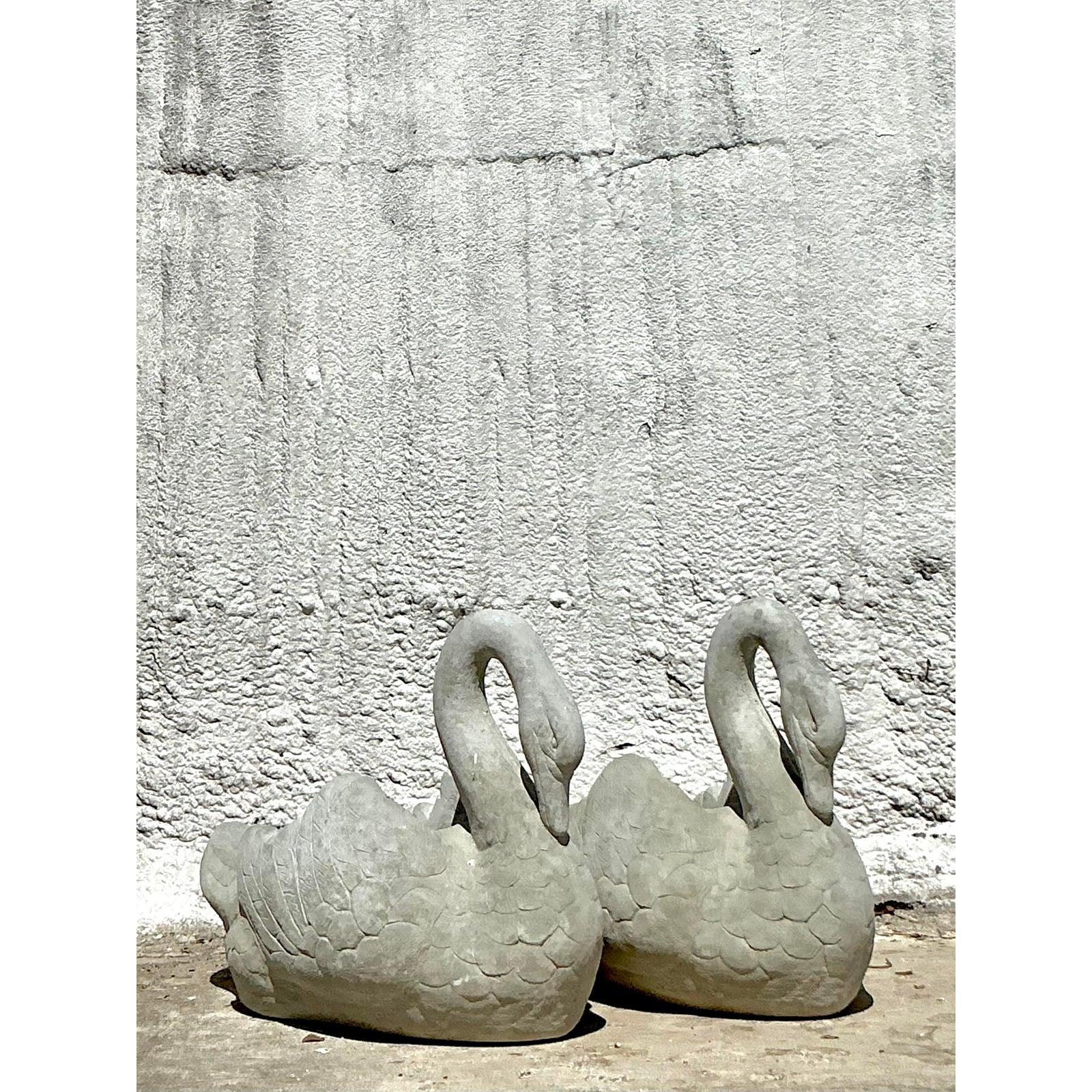 American Vintage Regency Cast Stone Swan Planters - A Pair For Sale