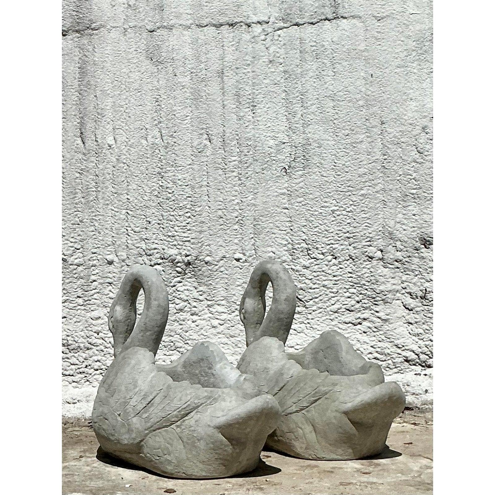 20th Century Vintage Regency Cast Stone Swan Planters - A Pair For Sale