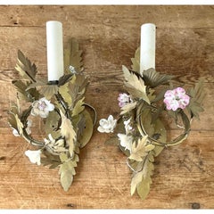 Vintage Regency Ceramic Flower Light Sconce - A Pair