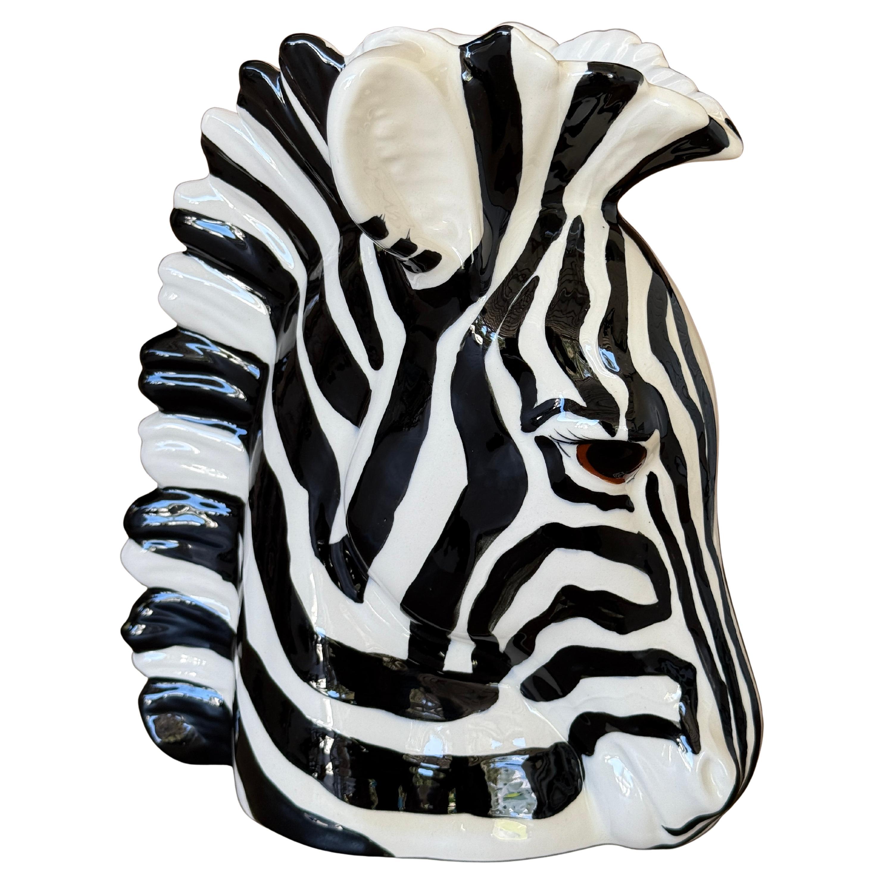 Vintage Regency Ceramic Glazed Zebra Head Vase