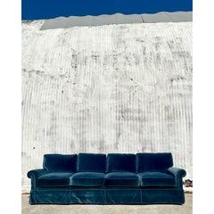 Vintage Regency Cerulean Velvet Down Long Sofa After Ferrell