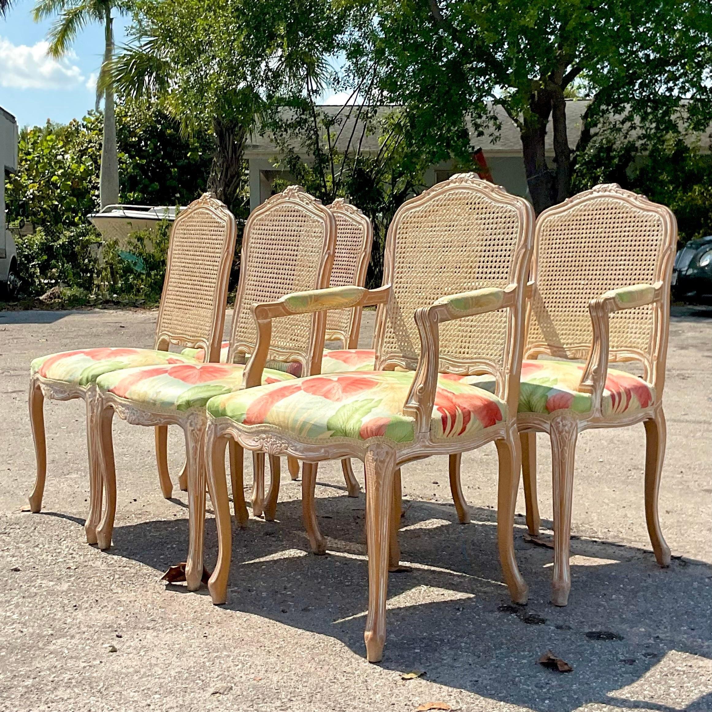 A fantastic set of six vintage Coastal dining chairs. Beautiful Bergere style with a cerused finish and inset cane panels. A bright tropical print on each chair seat. Acquired from a Palm Beach estate.

Arm chair 24.5 wide