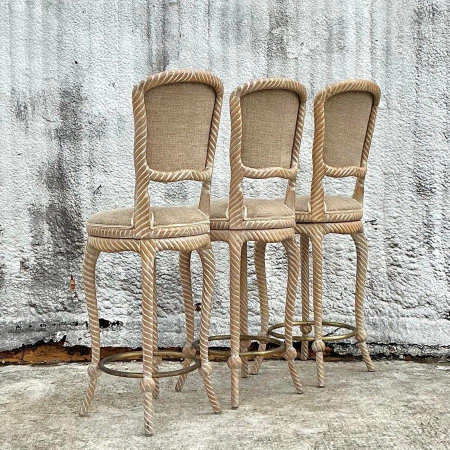American Vintage Regency Cerused Carved Rope Swivel Bar Stools - Set of 3 - 1750