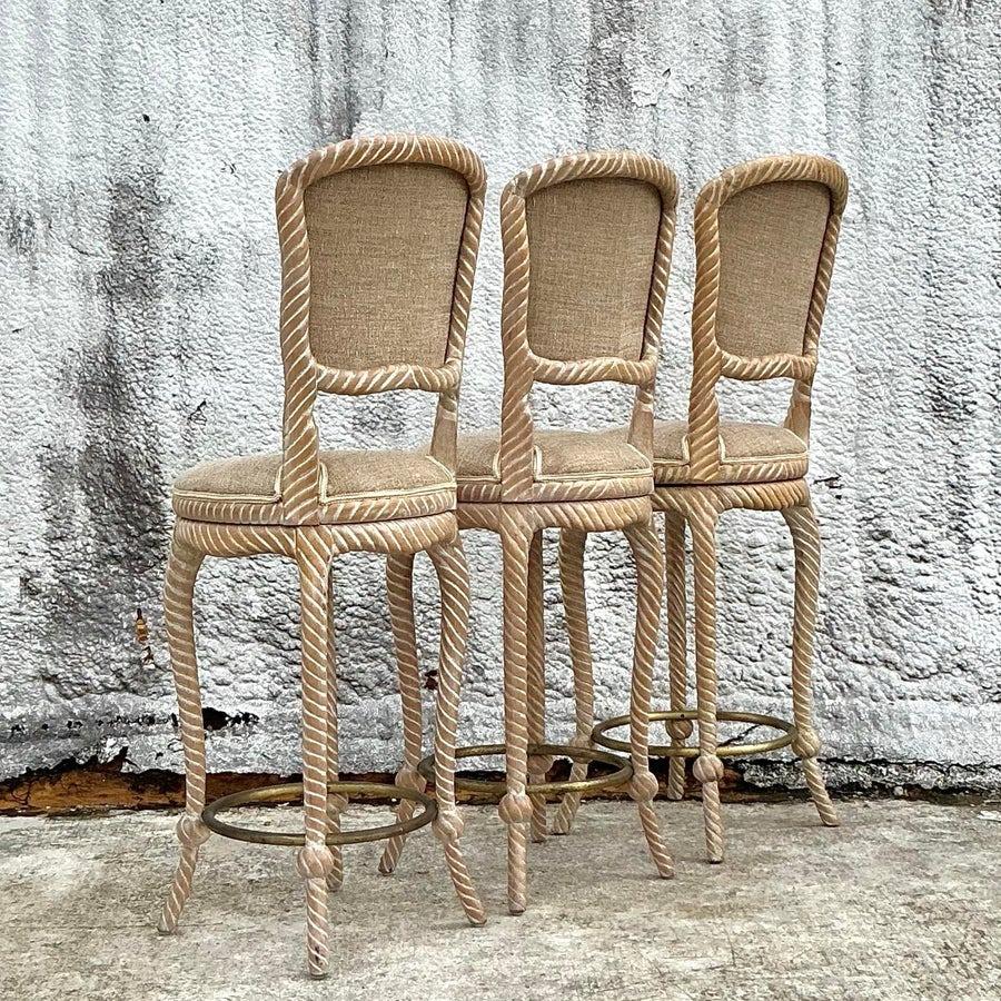 20th Century Vintage Regency Cerused Carved Rope Swivel Bar Stools - Set of 3 - 1750