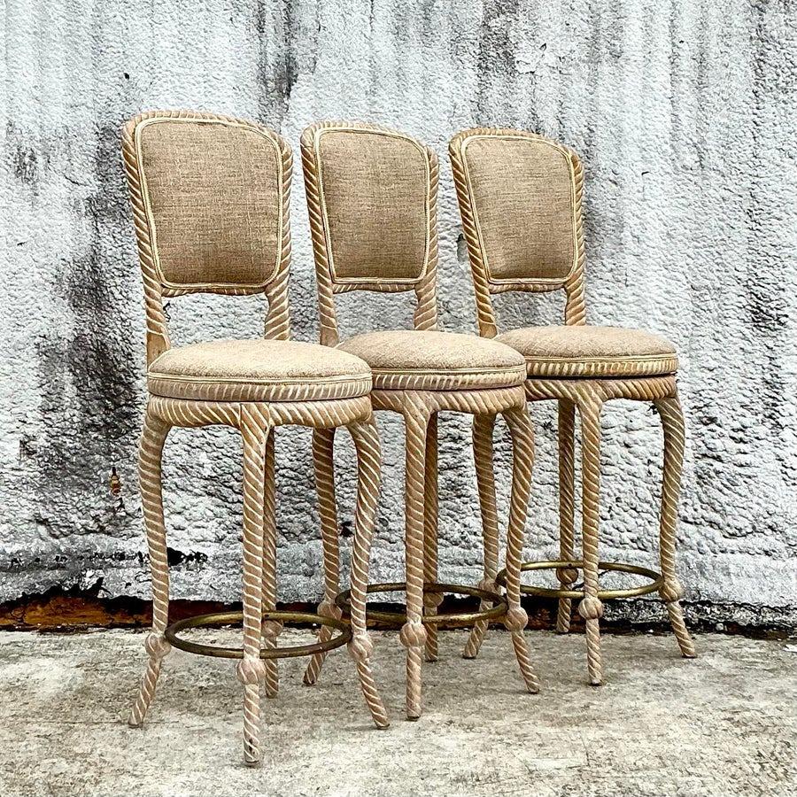 Fabric Vintage Regency Cerused Carved Rope Swivel Bar Stools - Set of 3 - 1750