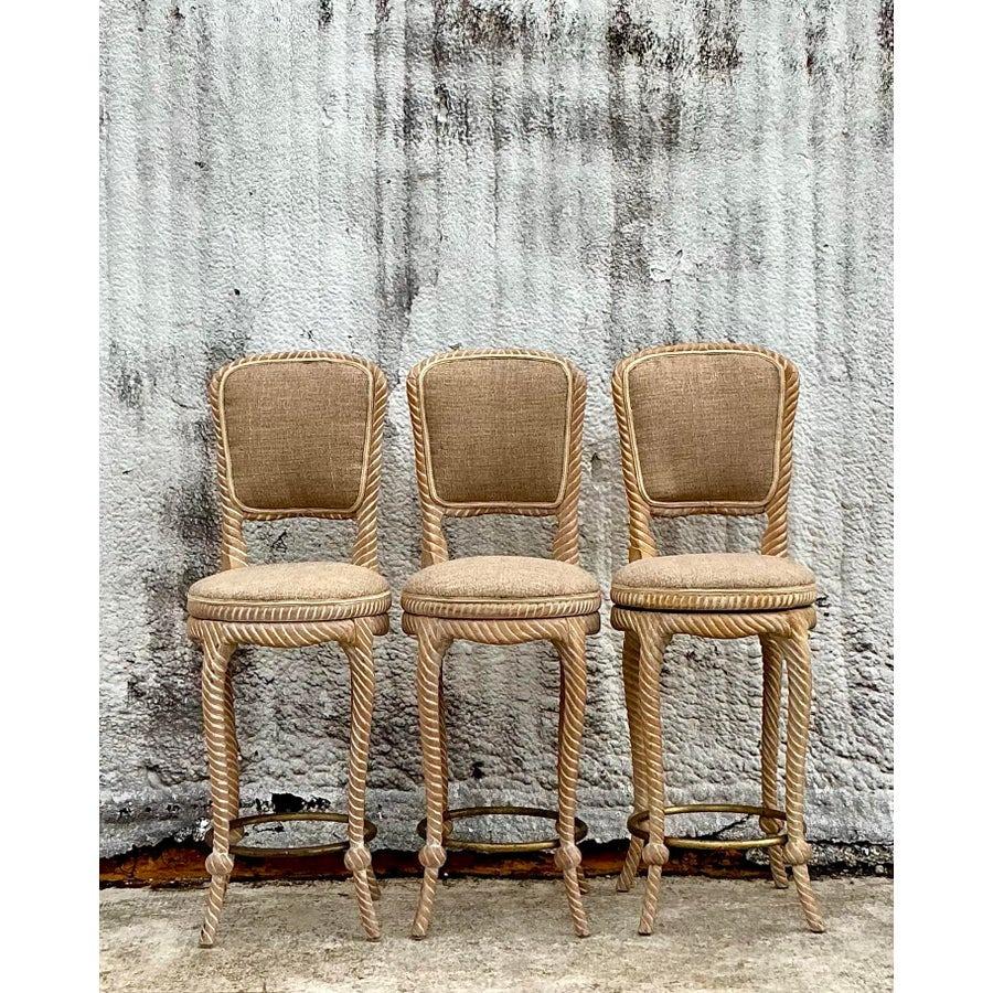 Vintage Regency Cerused Carved Rope Swivel Bar Stools - Set of 3 - 1750 1