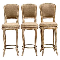 Vintage Regency Cerused Carved Rope Swivel Bar Stools - Set of 3 - 1750