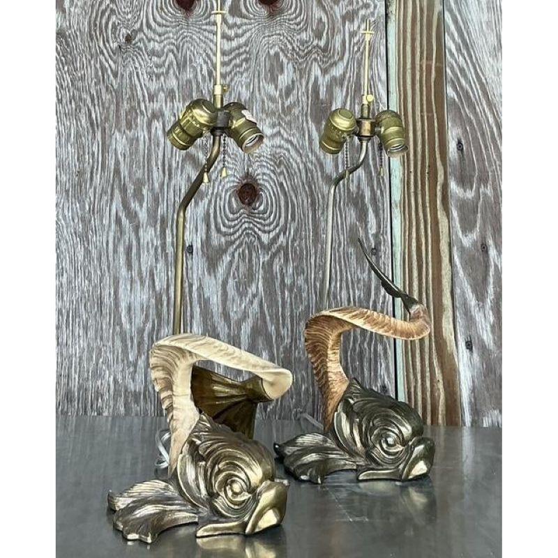 Neoclassical Vintage Regency Chapman Horn Koi Lamps - A Pair For Sale