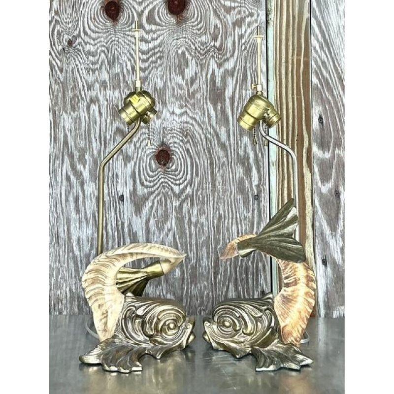 Brass Vintage Regency Chapman Horn Koi Lamps - A Pair For Sale