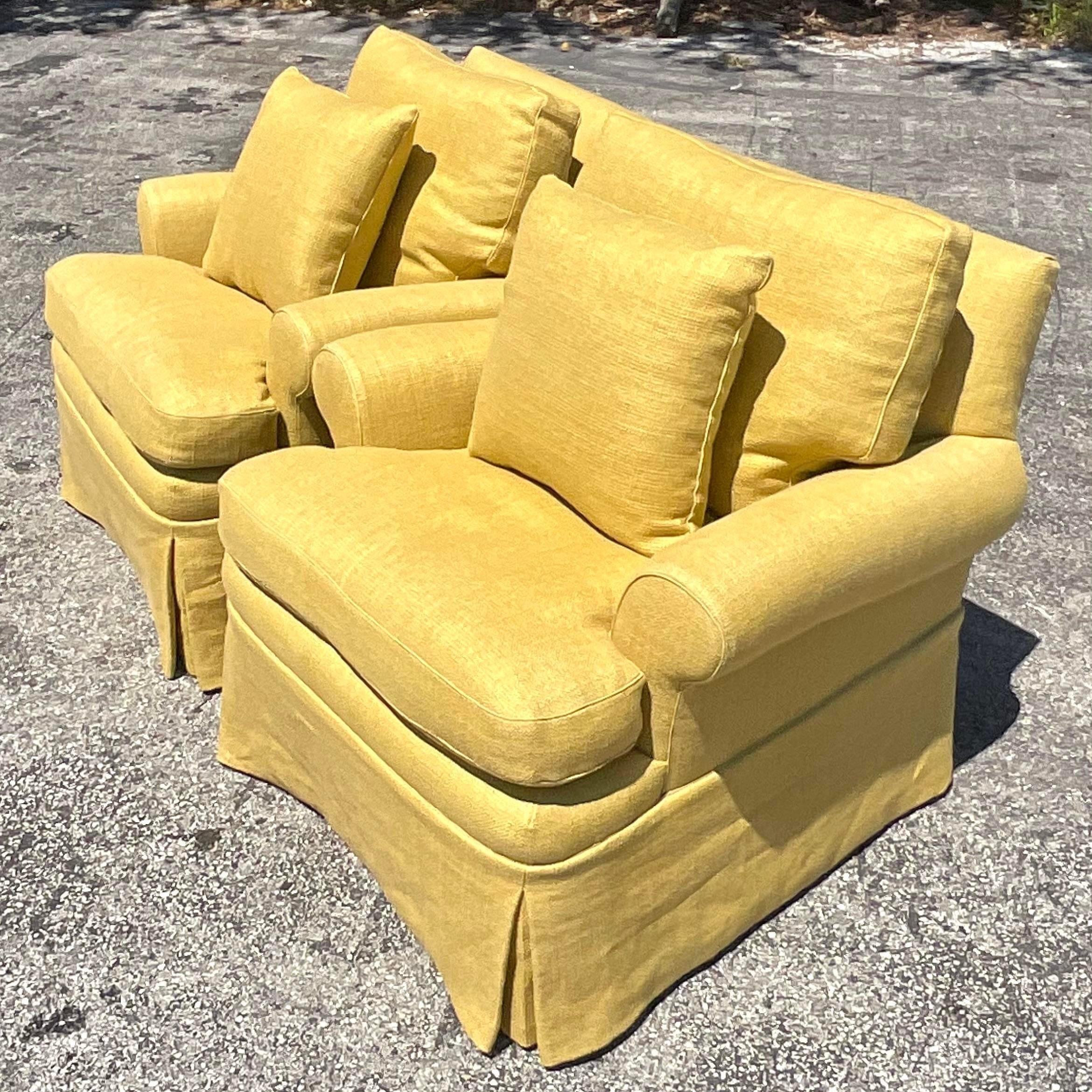 American Vintage Regency Chartreuse Down Lounge Chairs - a Pair For Sale