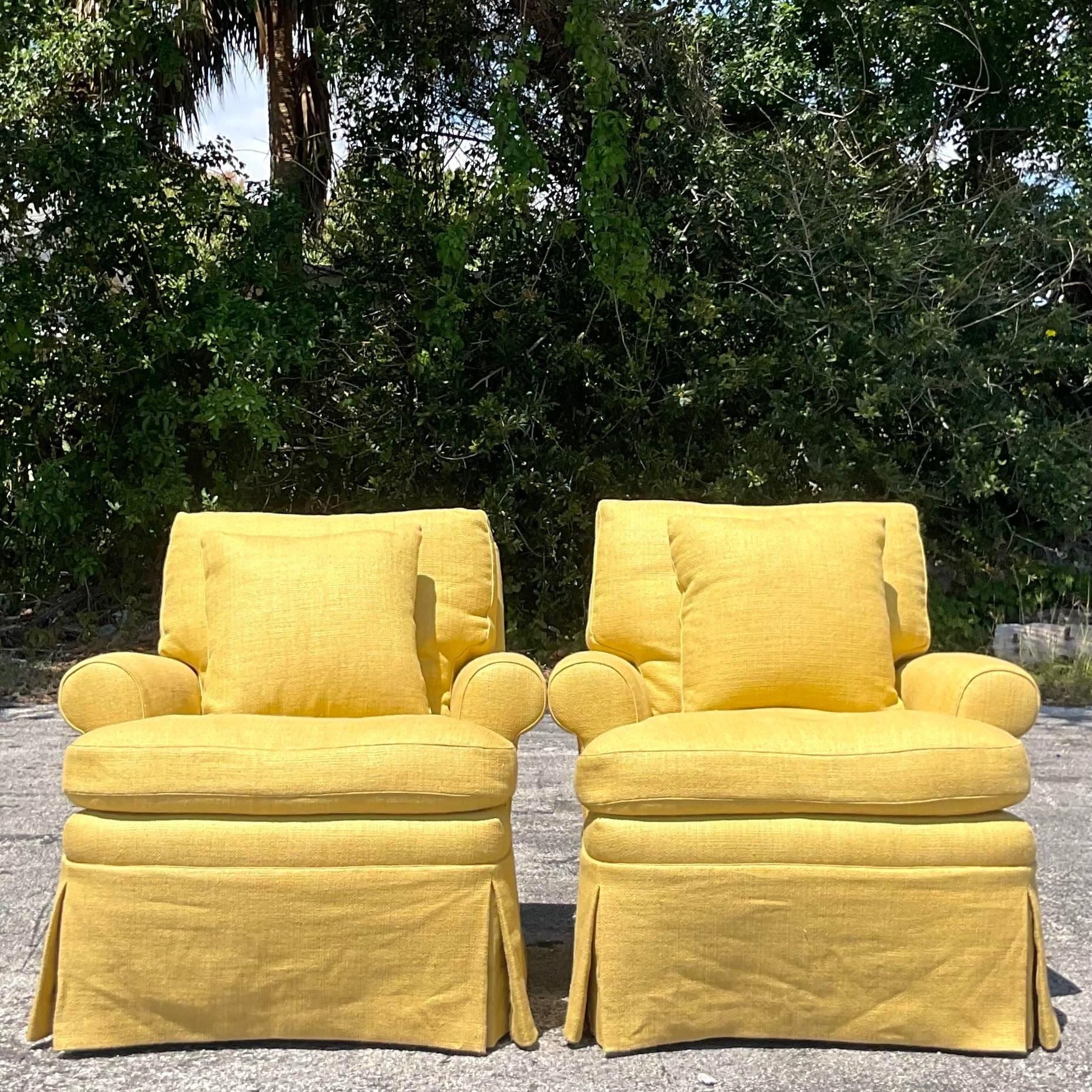 20th Century Vintage Regency Chartreuse Down Lounge Chairs - a Pair For Sale