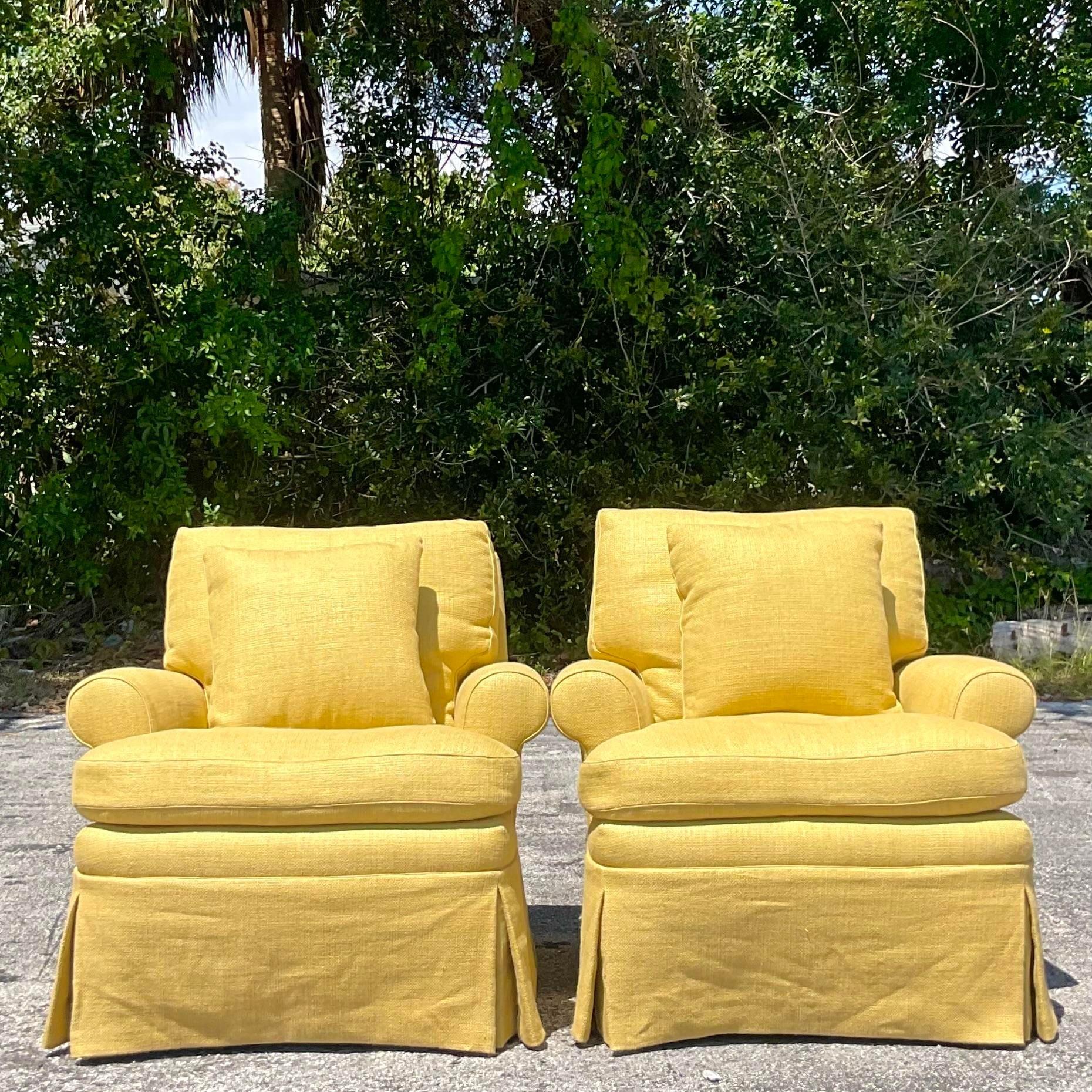 20th Century Vintage Regency Chartreuse Down Lounge Chairs - a Pair