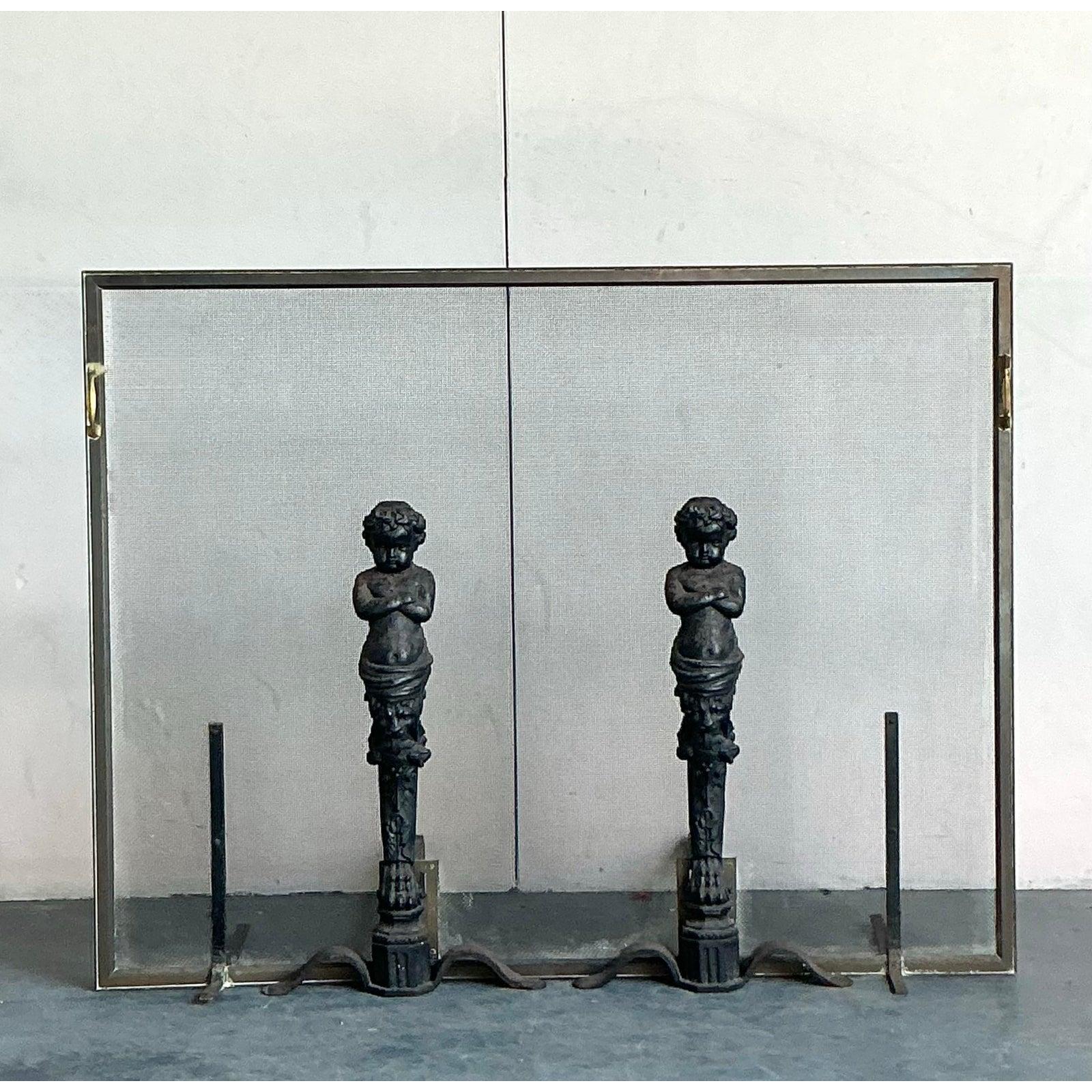 Neoclassical Vintage Regency Cherub Fireplace Screen For Sale