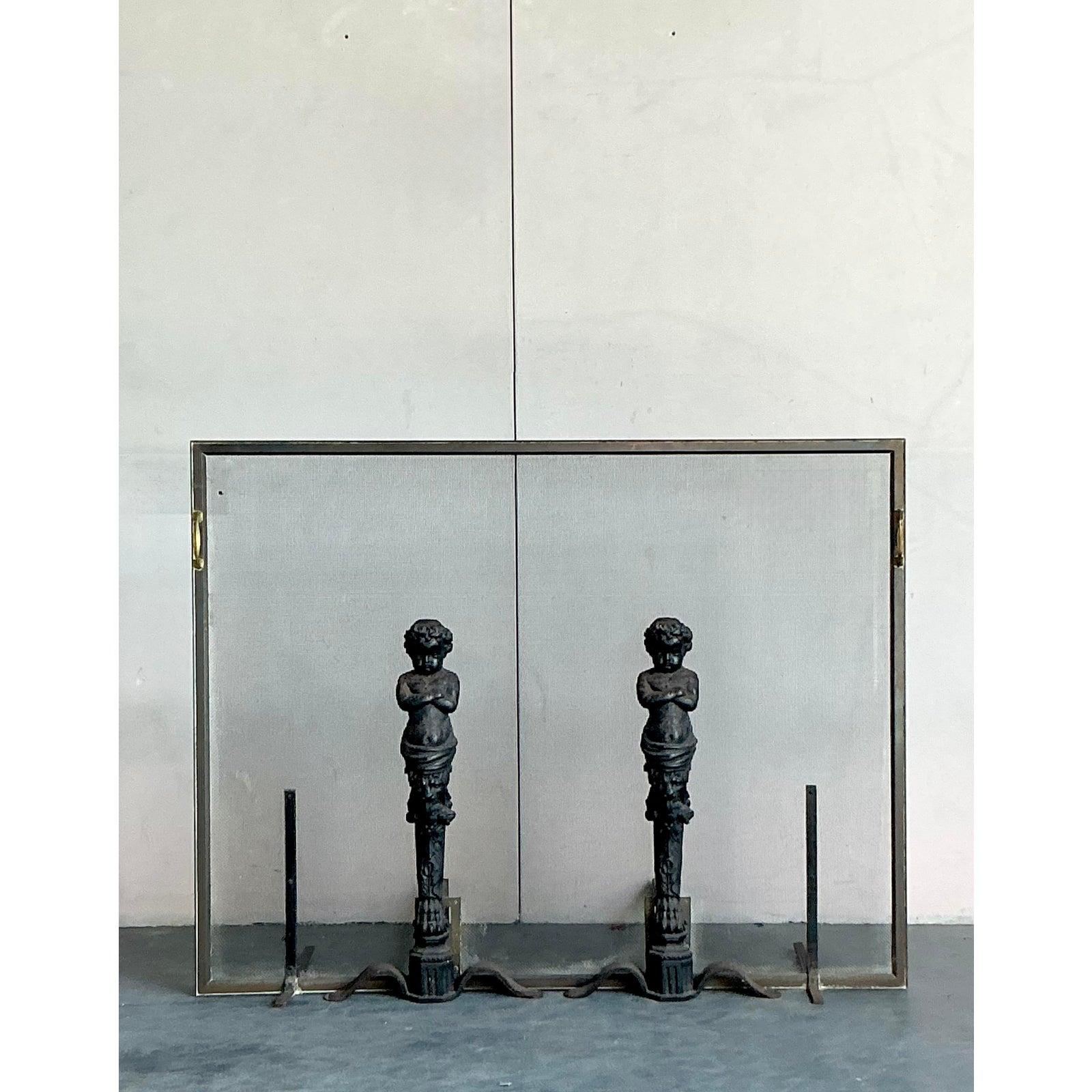 Iron Vintage Regency Cherub Fireplace Screen For Sale