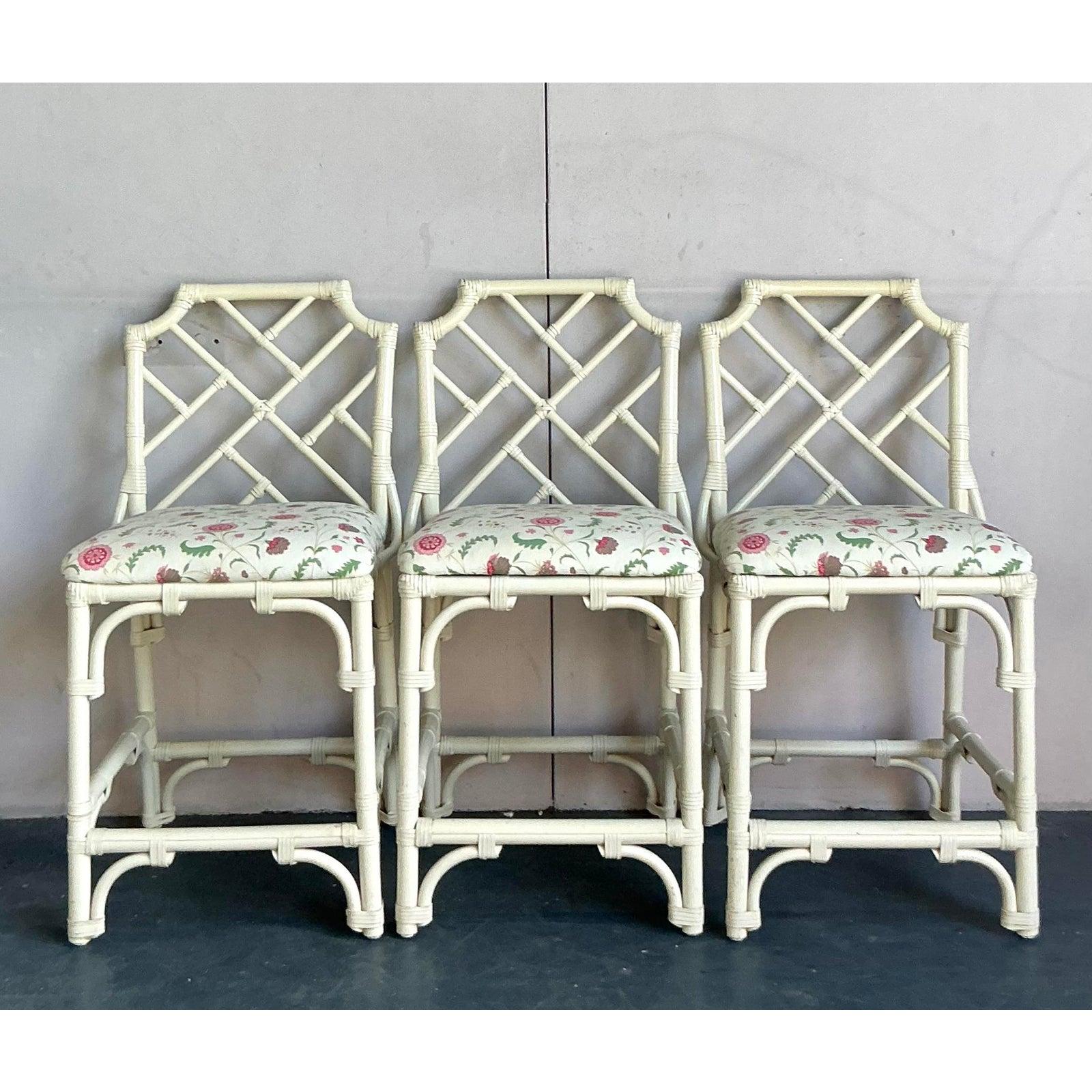 Chinoiserie Vintage Regency Chinese Chippendale Bar Stools - Set of 3 For Sale