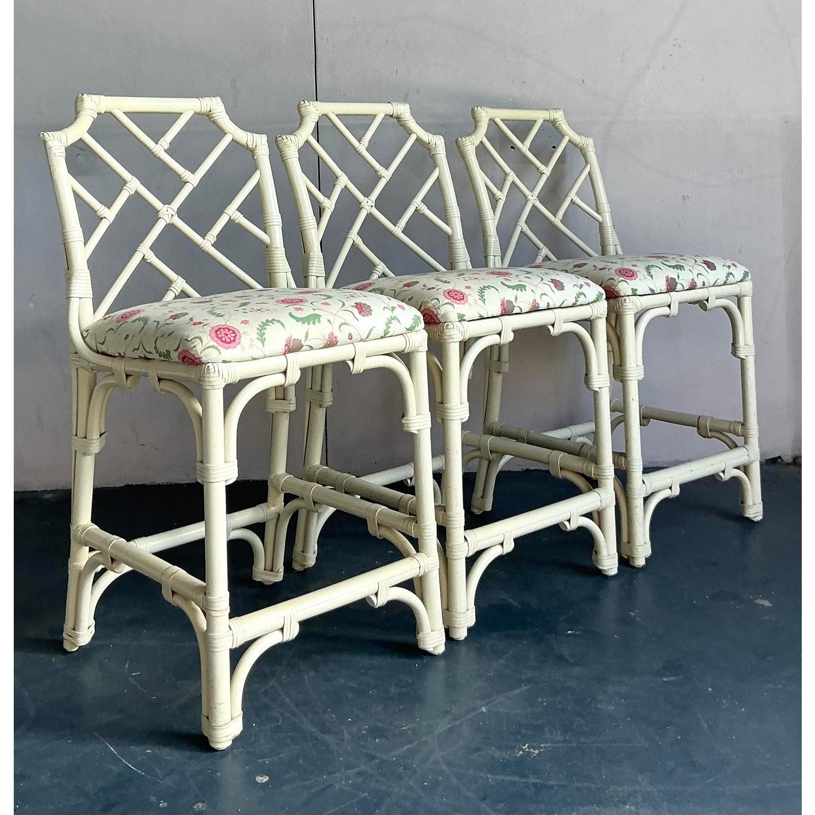 American Vintage Regency Chinese Chippendale Bar Stools - Set of 3 For Sale