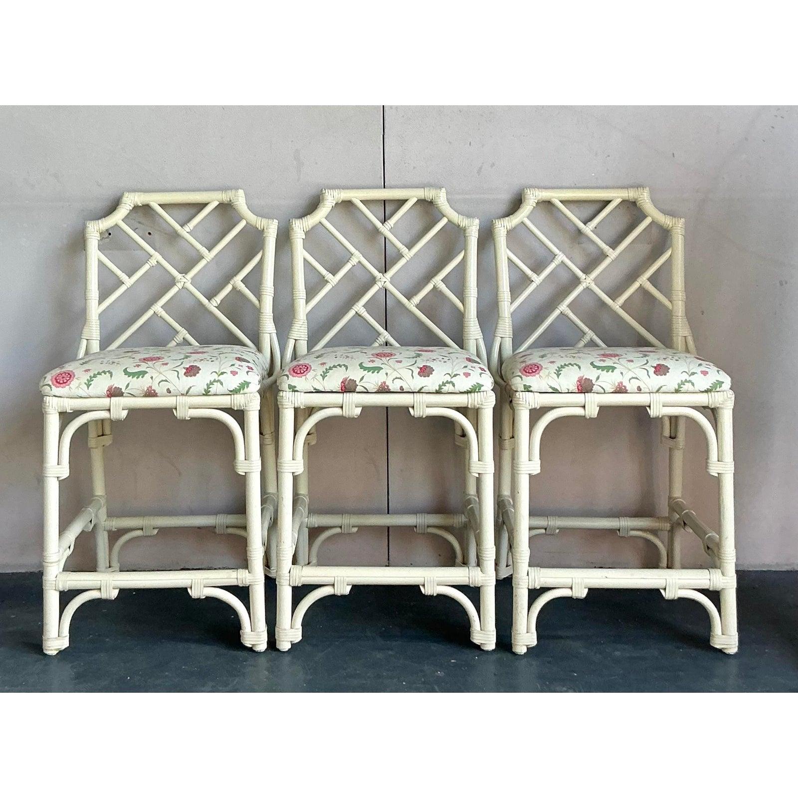 20th Century Vintage Regency Chinese Chippendale Bar Stools - Set of 3 For Sale