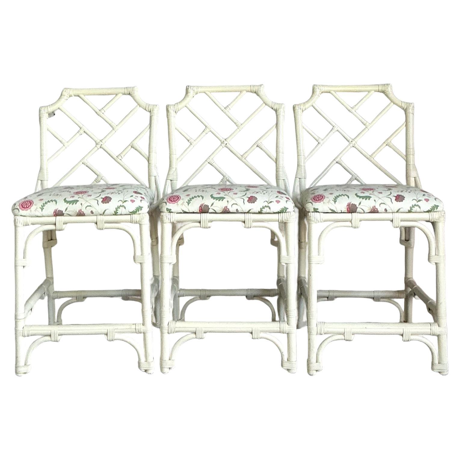 Vintage Regency Chinese Chippendale Bar Stools - Set of 3 For Sale