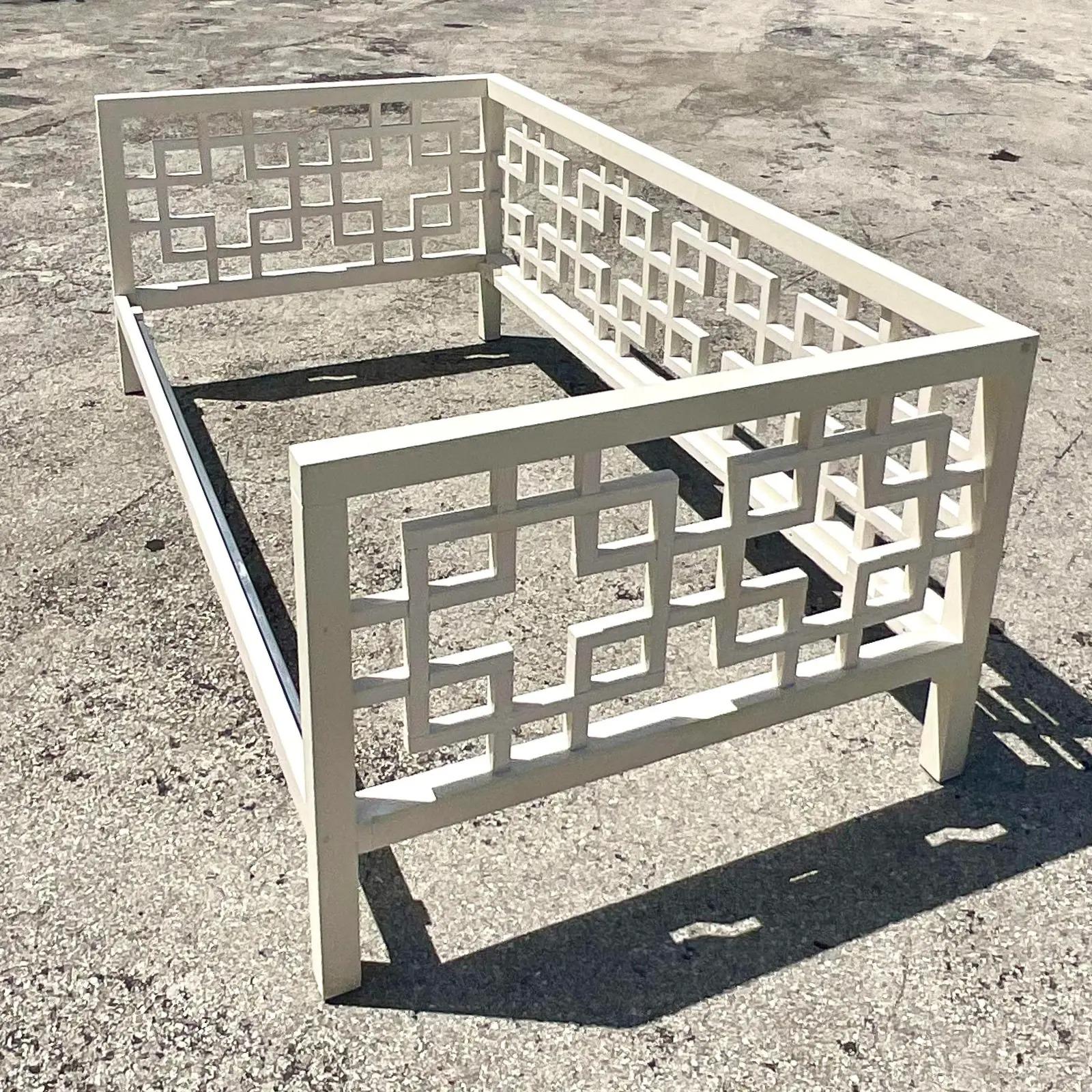 Fantastic vintage Regency daybed frame. Beautiful lacquered white frame with the coveted Ming design. Just drop your twin on a metal frame and you are all set! Instant glamour upgrade. Acquired from a Palm Beach estate.