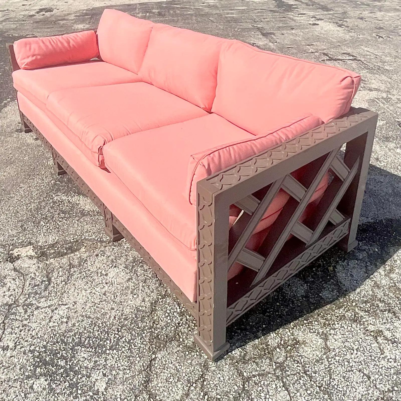 Vintage Regency Chinese Chippendale Wood Frame Sofa In Good Condition In west palm beach, FL