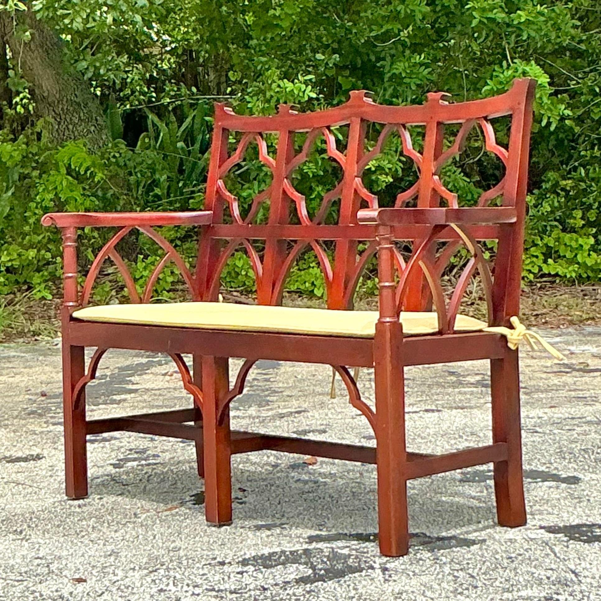 Hollywood Regency Banc en bois vintage de style Régence chinoise Chippendale en vente
