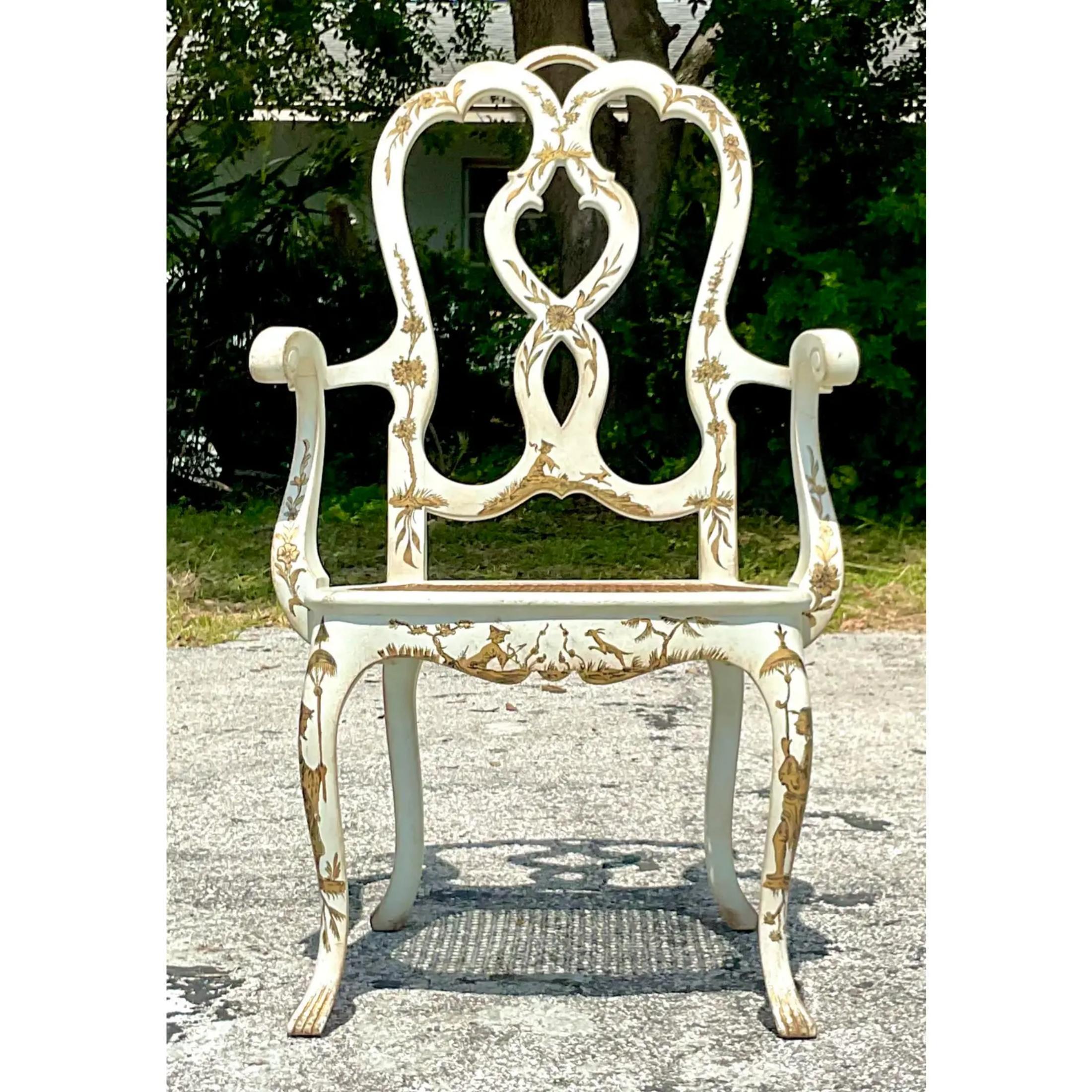 Wood Vintage Regency Chinoiserie Chippendale Arm Chair For Sale