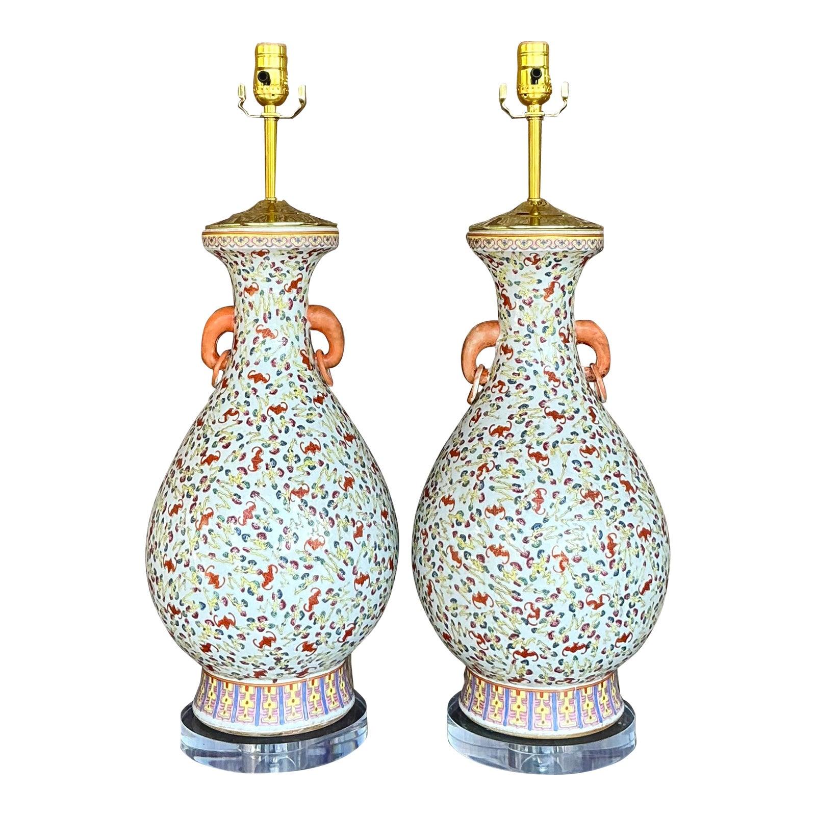 Paire de lampes florales flottantes en céramique de style Régence chinoiseries vintage en vente 2