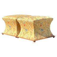 Vintage Regency Chinoiserie Jacquard Ottomans - a Pair