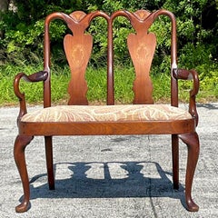 Vieille banquette à incrustation Chippendale Regency