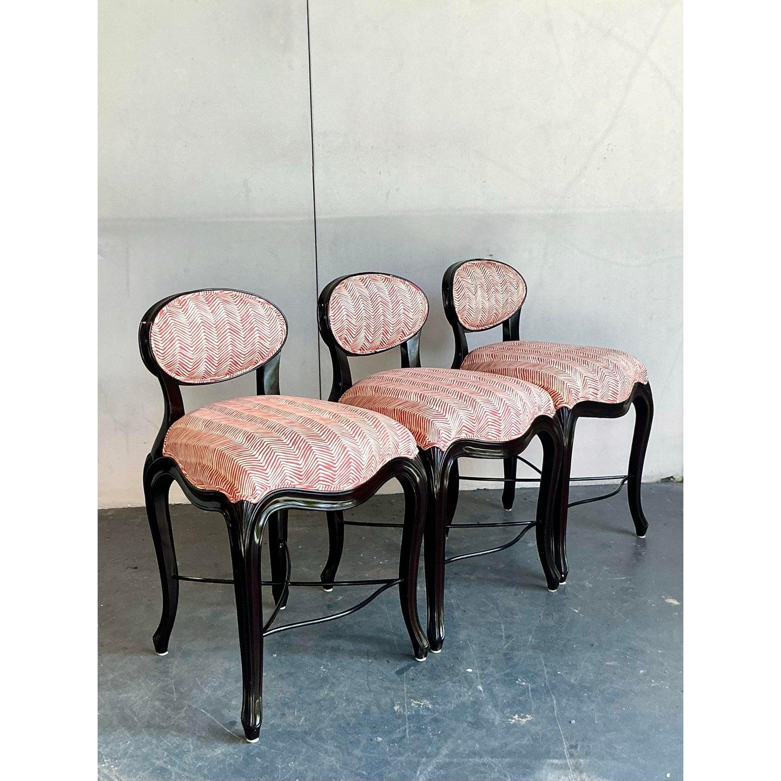 Fabric Vintage Regency Christopher Guy “Cafe Du Paris” Barstools - Set of 3 For Sale