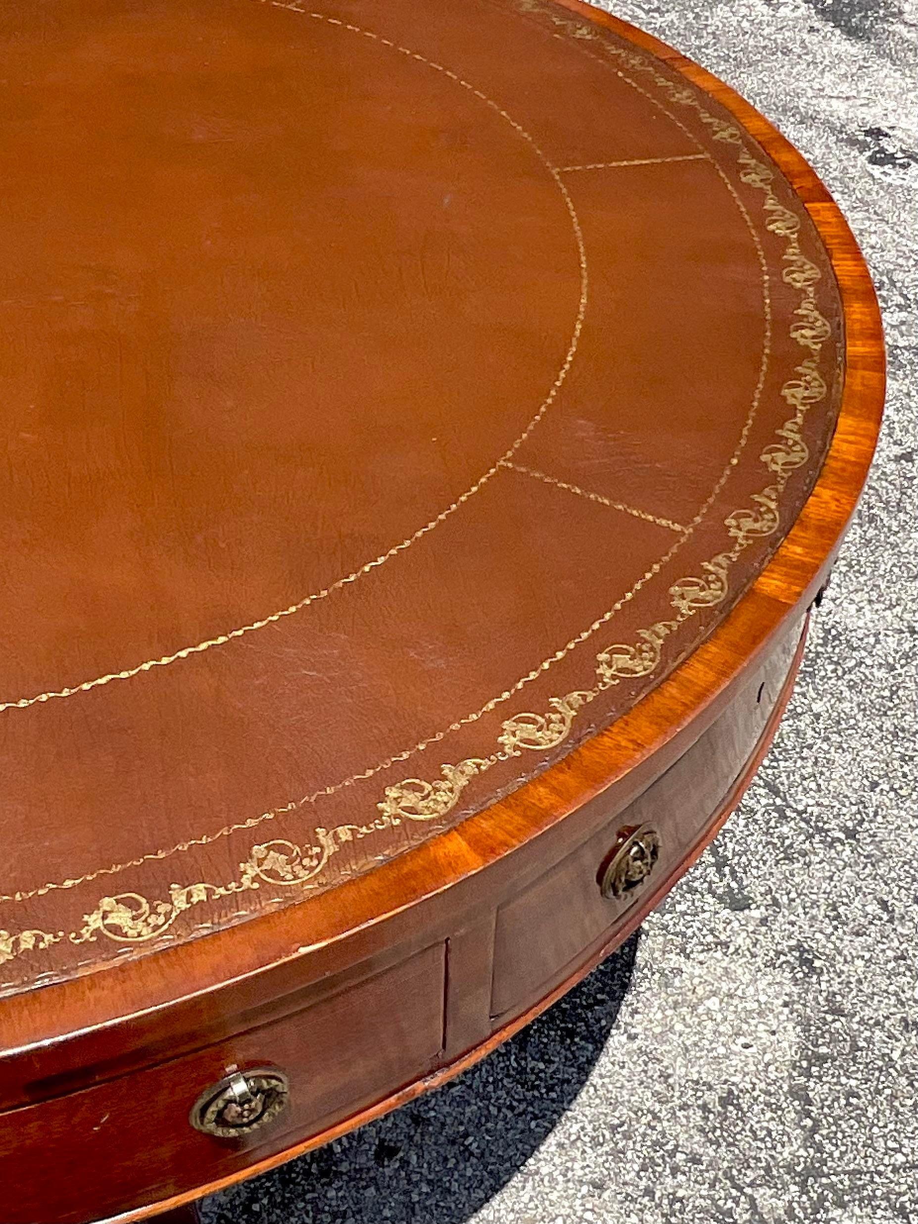 Vintage Regency circa 1850 Embossed Leather Drum Top Table 3