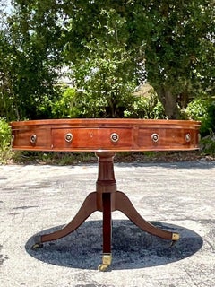 Vintage Regency circa 1850 Embossed Leather Drum Top Table