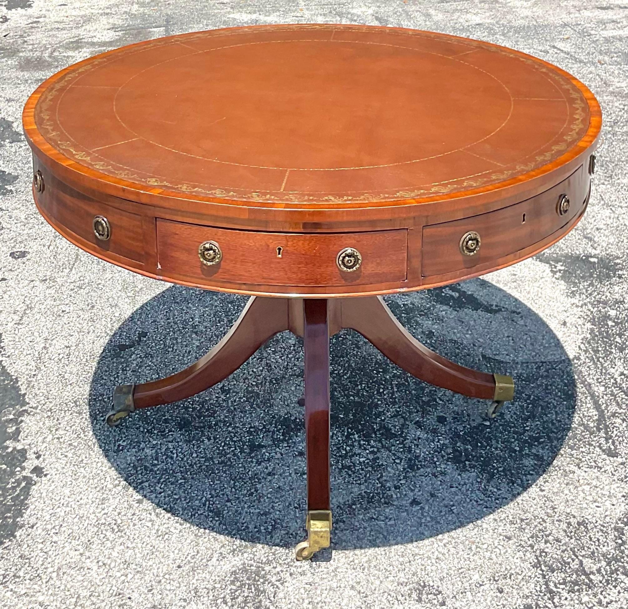 American Vintage Regency circa 1850 Embossed Leather Drum Top Table