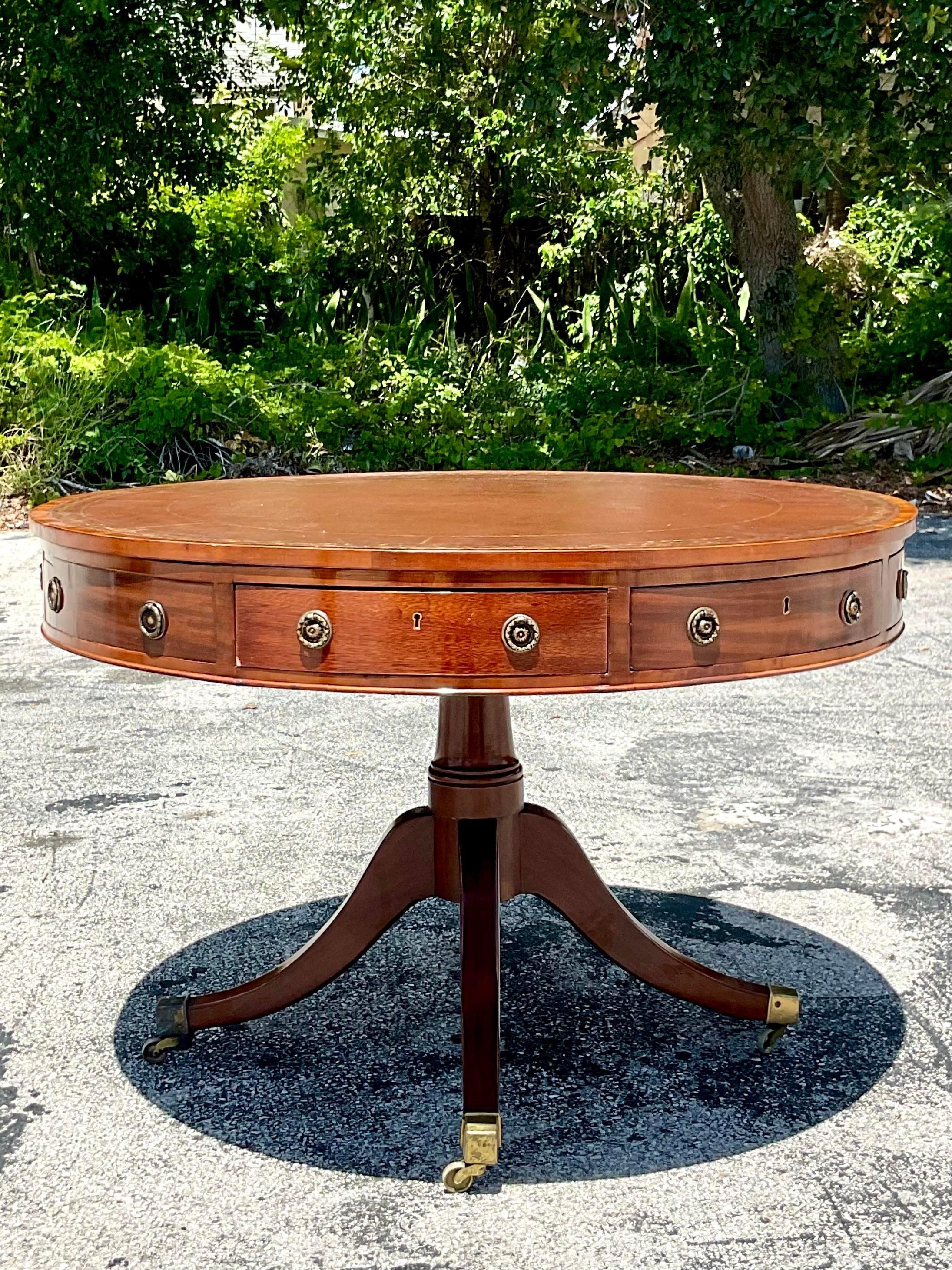 Vintage Regency circa 1850 Embossed Leather Drum Top Table In Good Condition In west palm beach, FL