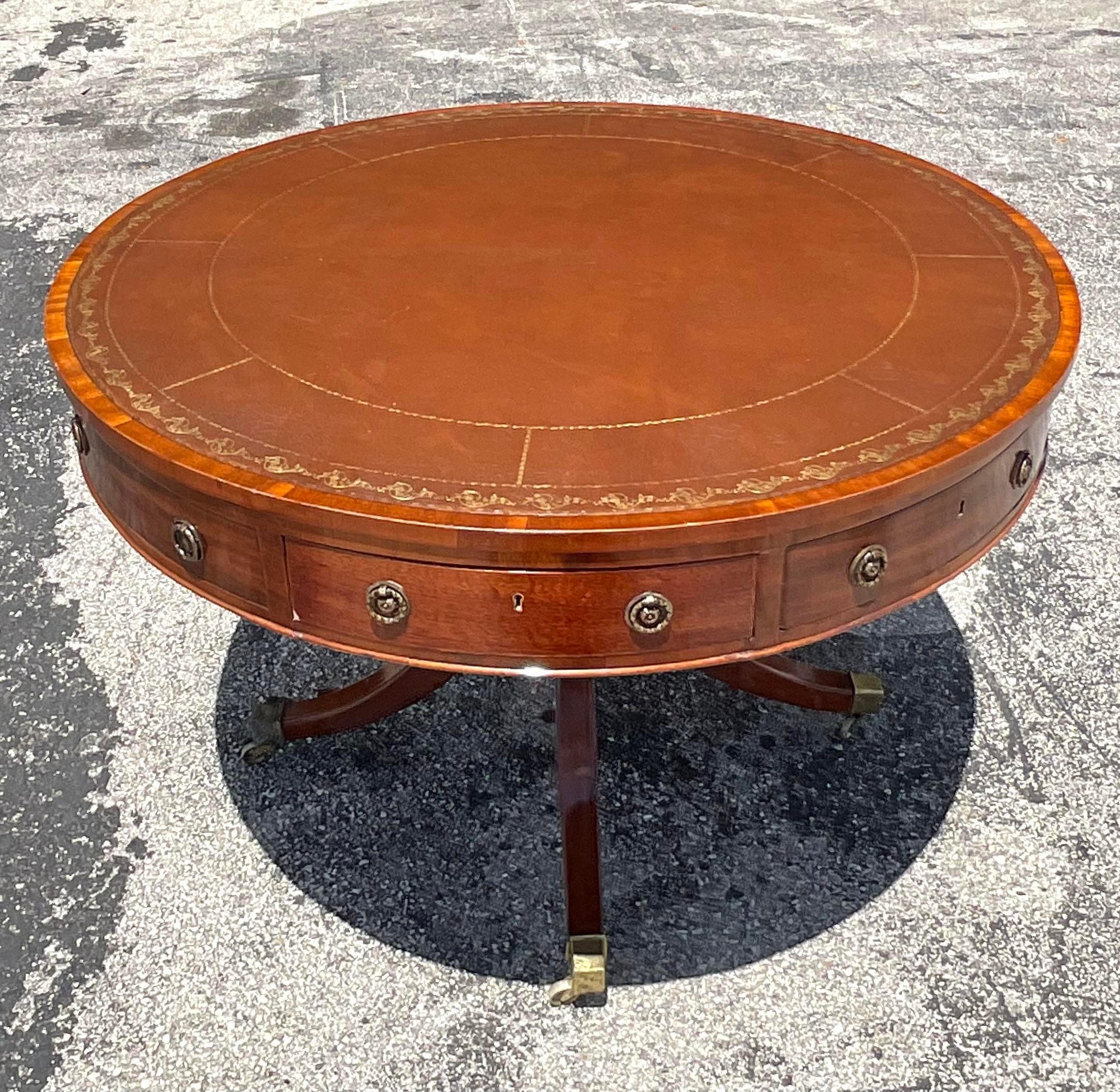 19th Century Vintage Regency circa 1850 Embossed Leather Drum Top Table