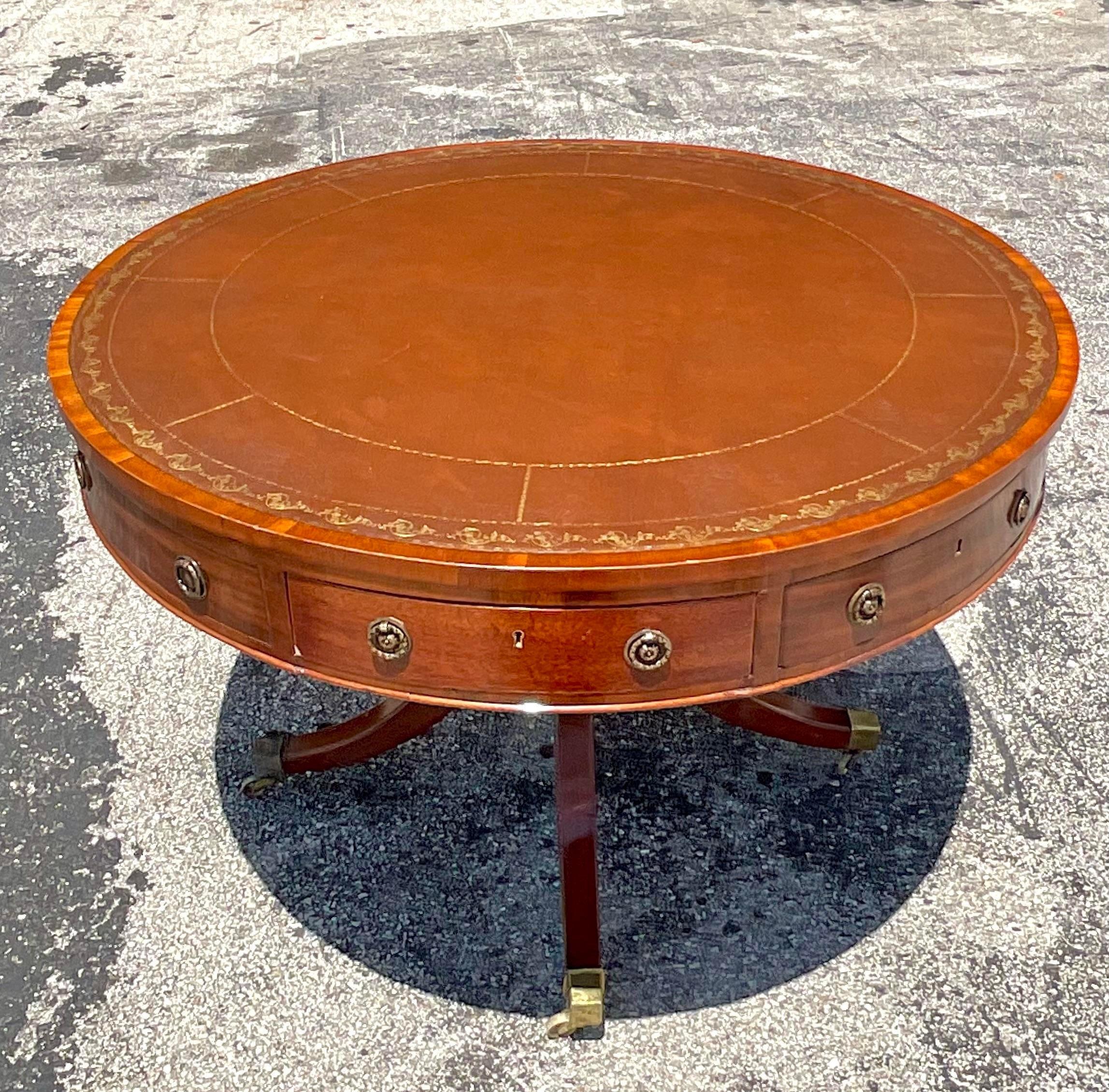 Vintage Regency circa 1850 Embossed Leather Drum Top Table 1