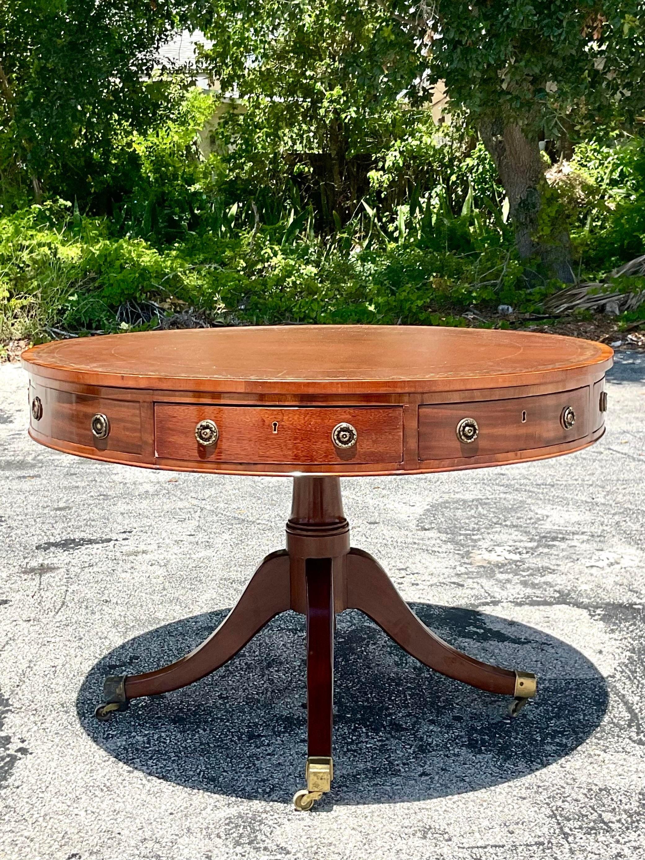 Vintage Regency circa 1850 Embossed Leather Drum Top Table 2