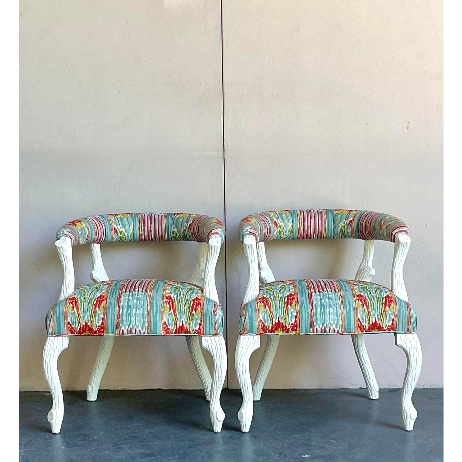 Vintage Regency Clarence House “Mazar Sharif” Upholstered Faux Bois Chair - A Pr For Sale 4