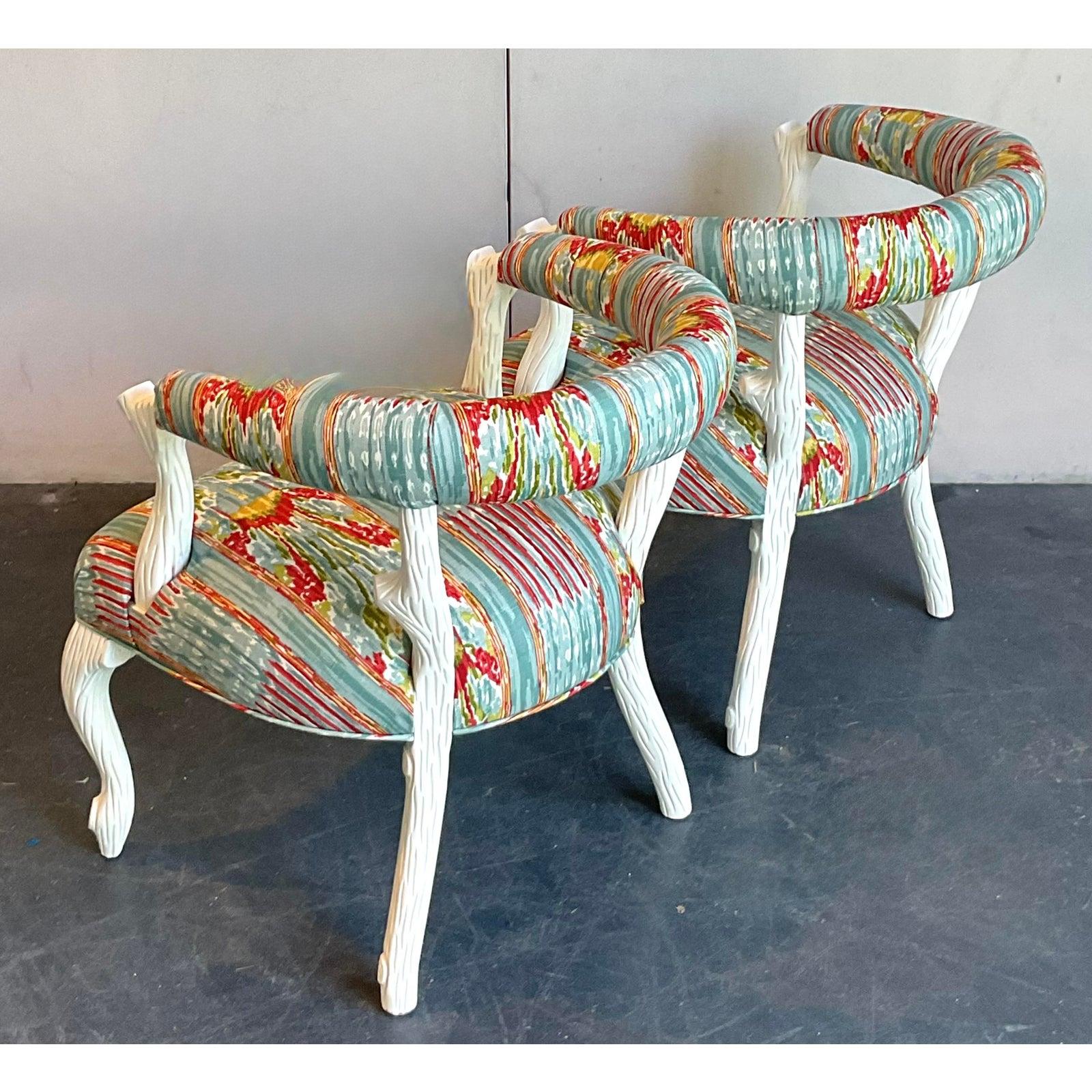 American Vintage Regency Clarence House “Mazar Sharif” Upholstered Faux Bois Chair - A Pr For Sale