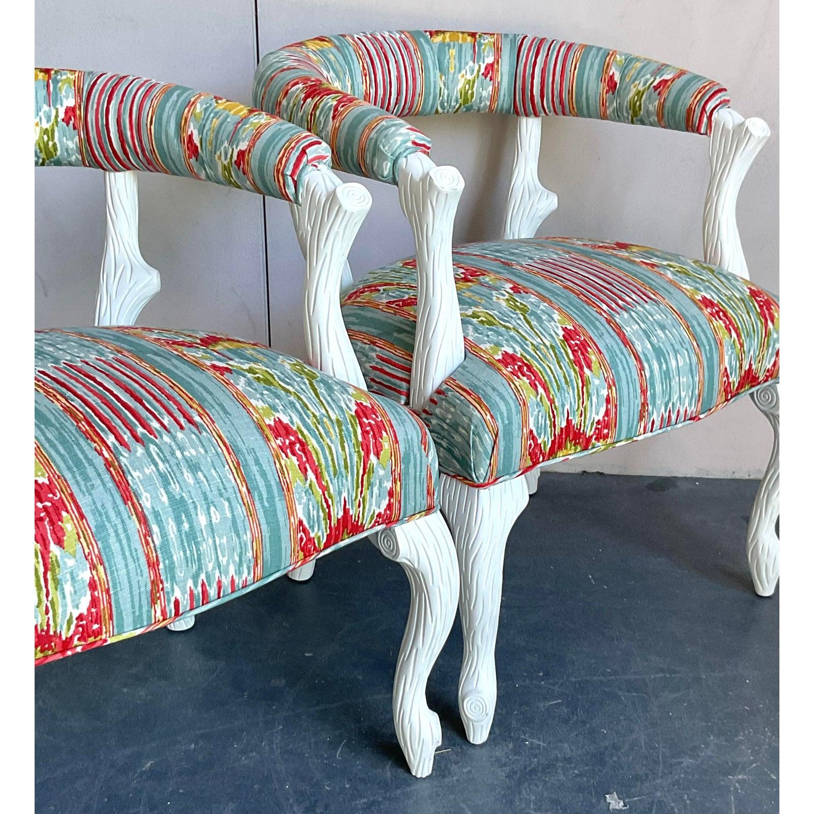 Fabric Vintage Regency Clarence House “Mazar Sharif” Upholstered Faux Bois Chair - A Pr For Sale