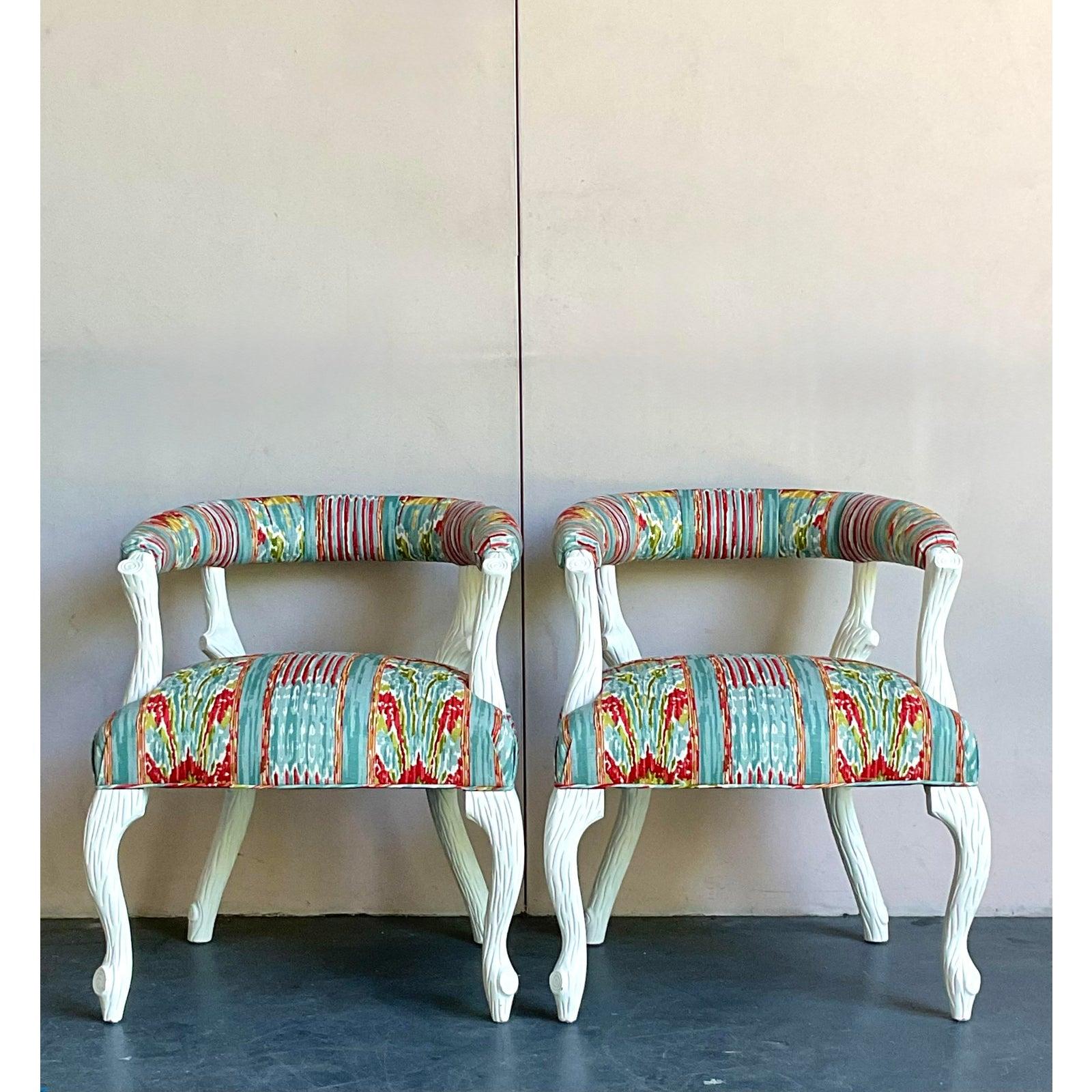 Vintage Regency Clarence House “Mazar Sharif” Upholstered Faux Bois Chair - A Pr For Sale 2