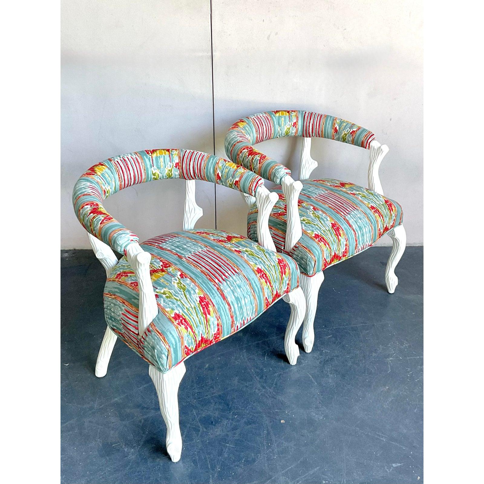 Vintage Regency Clarence House “Mazar Sharif” Upholstered Faux Bois Chair - A Pr For Sale 3