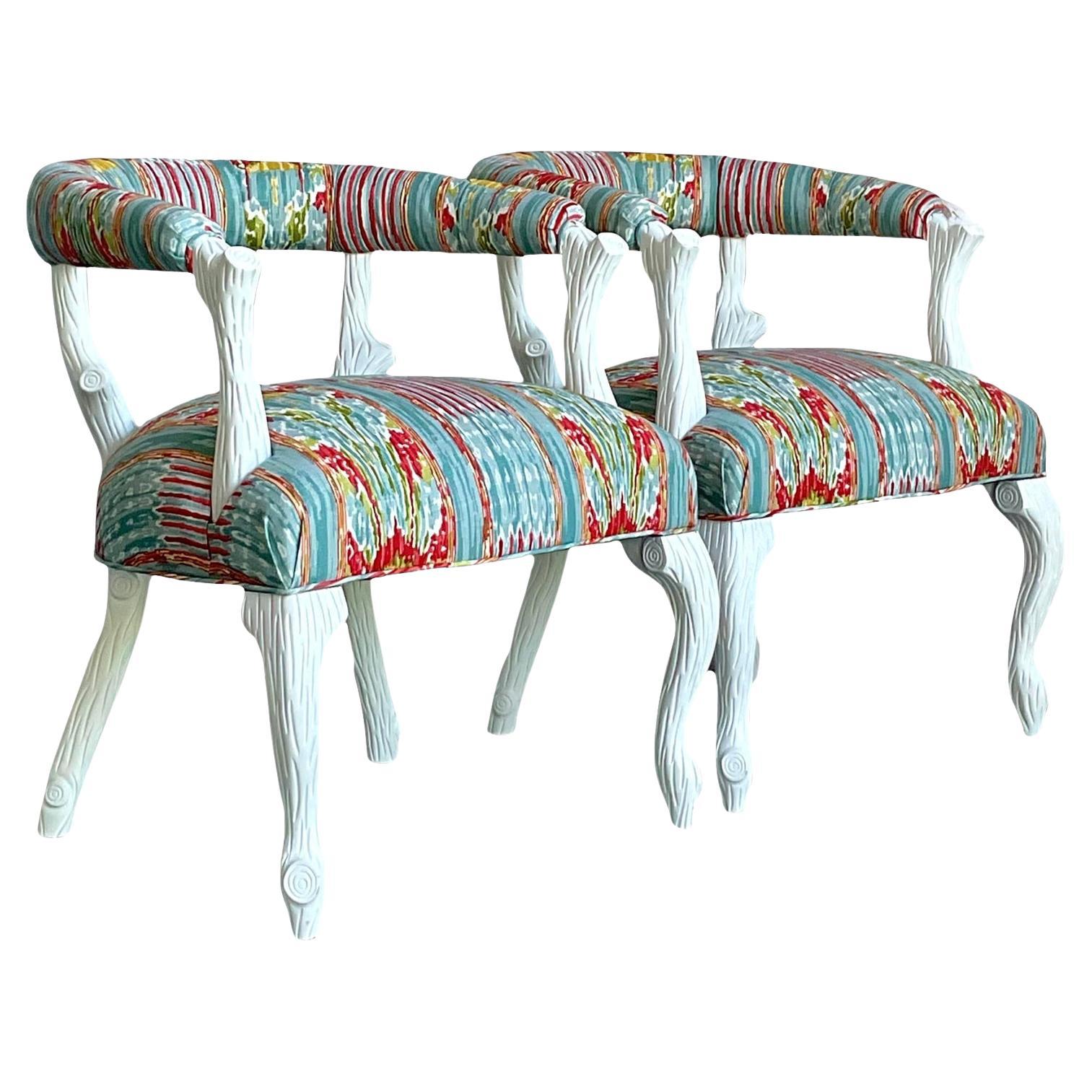 Vintage Regency Clarence House “Mazar Sharif” Upholstered Faux Bois Chair - A Pr For Sale