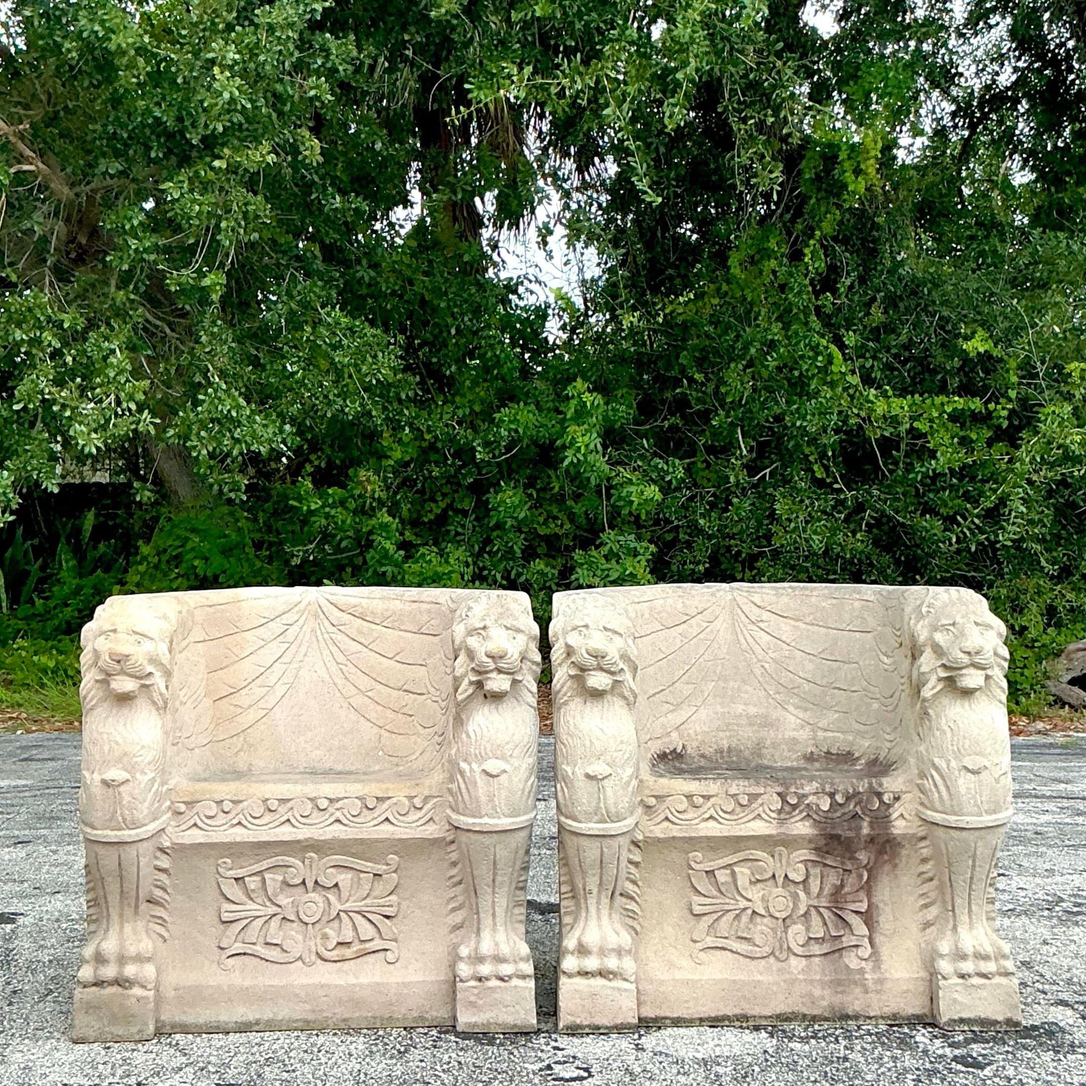 American Vintage Regency Concrete Over Fiberglass Winged Lion Chairs - a Pair