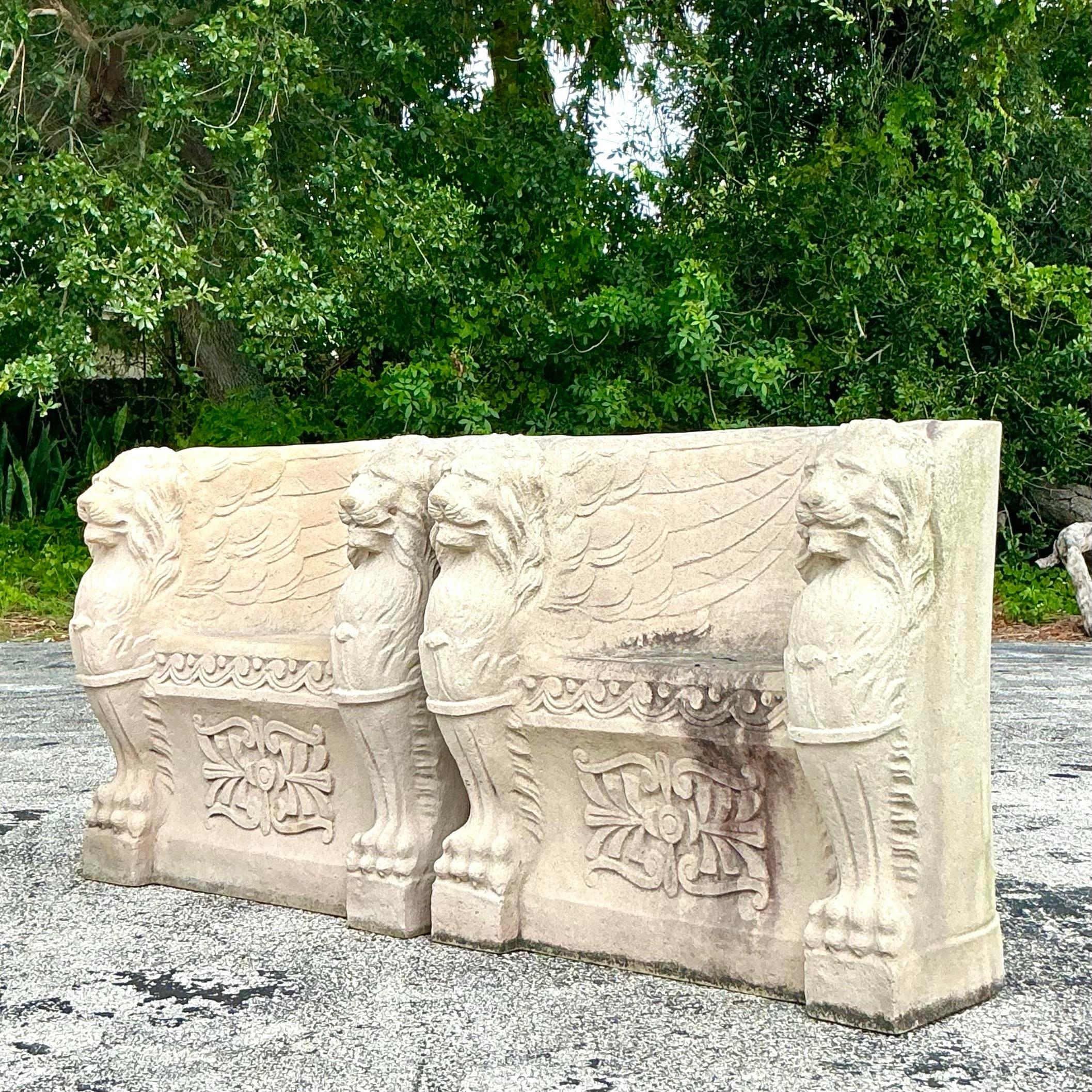 Vintage Regency Concrete Over Fiberglass Winged Lion Chairs - a Pair In Good Condition In West Palm Beach, FL