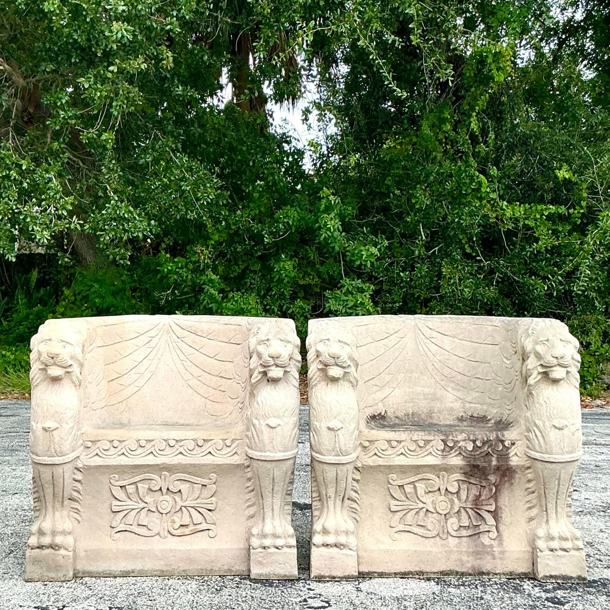 20th Century Vintage Regency Concrete Over Fiberglass Winged Lion Chairs - a Pair