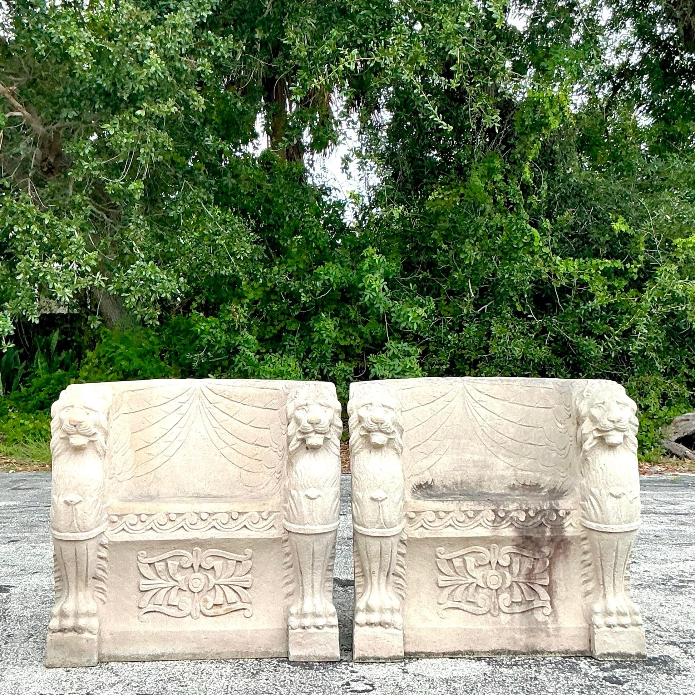 Vintage Regency Concrete Over Fiberglass Winged Lion Chairs - a Pair 3