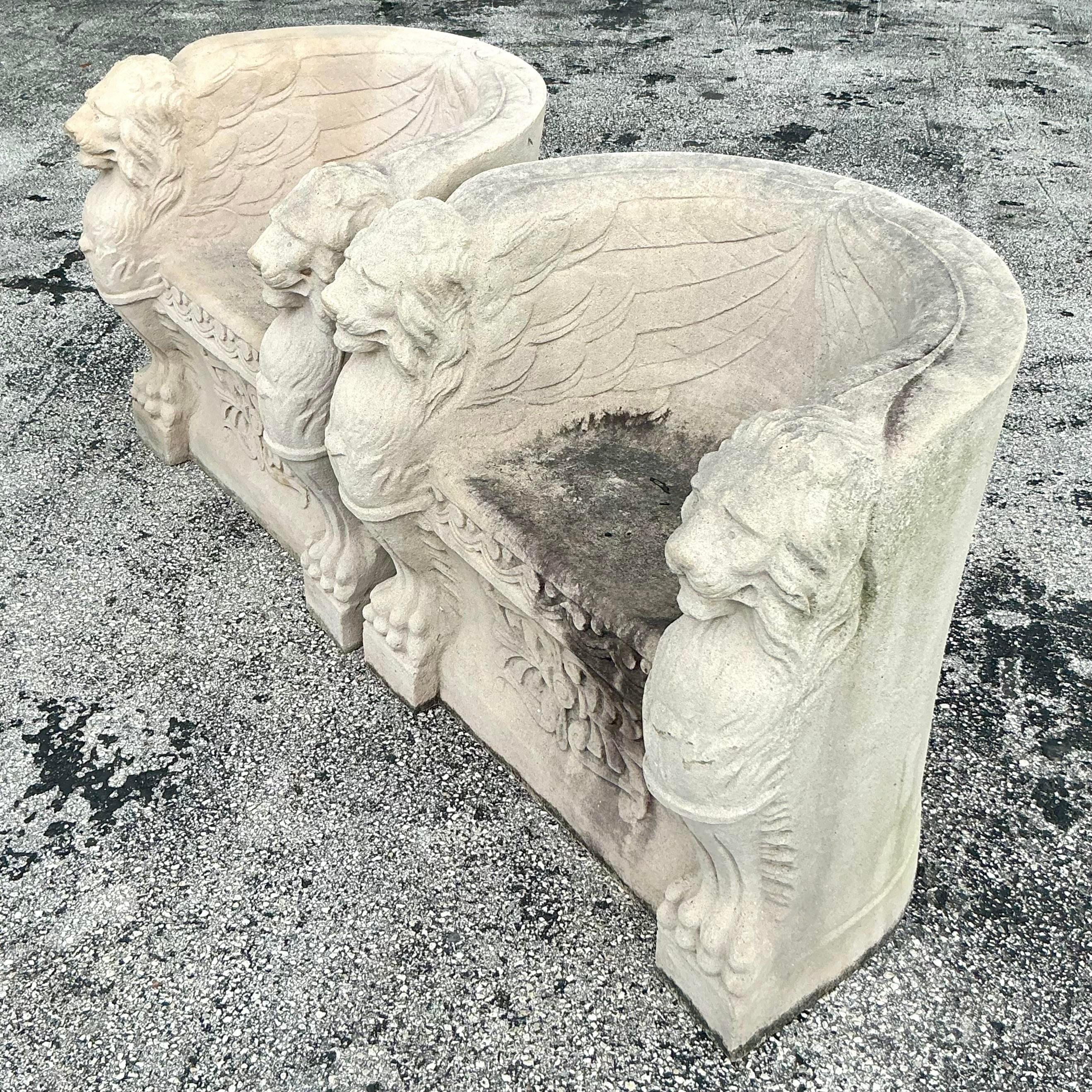 Vintage Regency Concrete Over Fiberglass Winged Lion Chairs - a Pair 4
