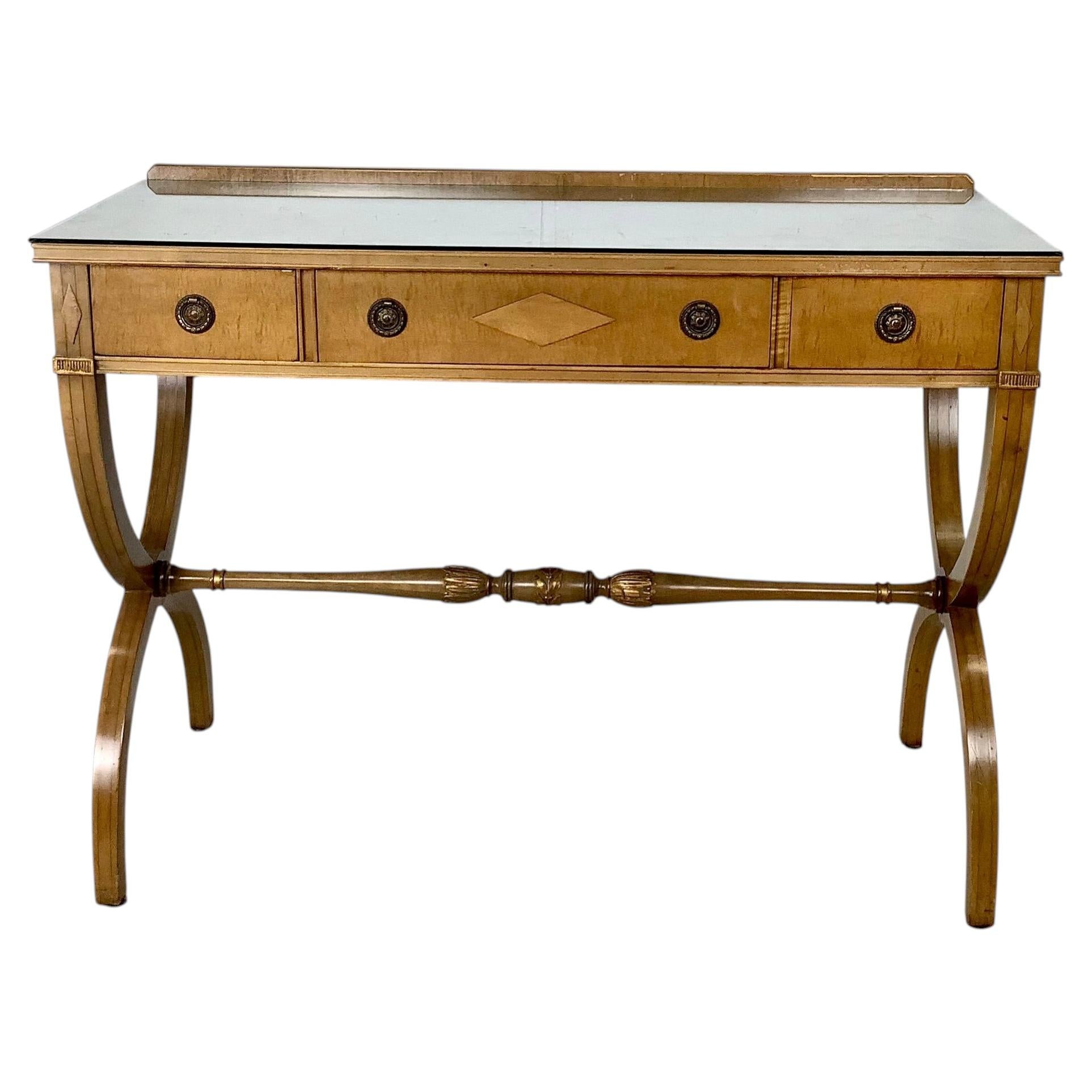 Vintage Regency Console Table or Desk, Curule Supports and Inlaid Deco