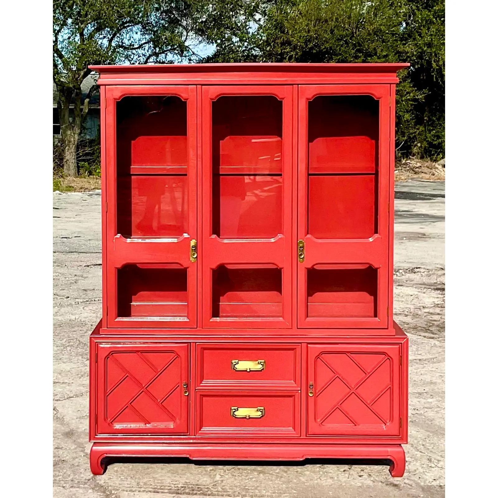 North American Vintage Regency Coral Red Lacquered American of Martinsville Display Cabinet